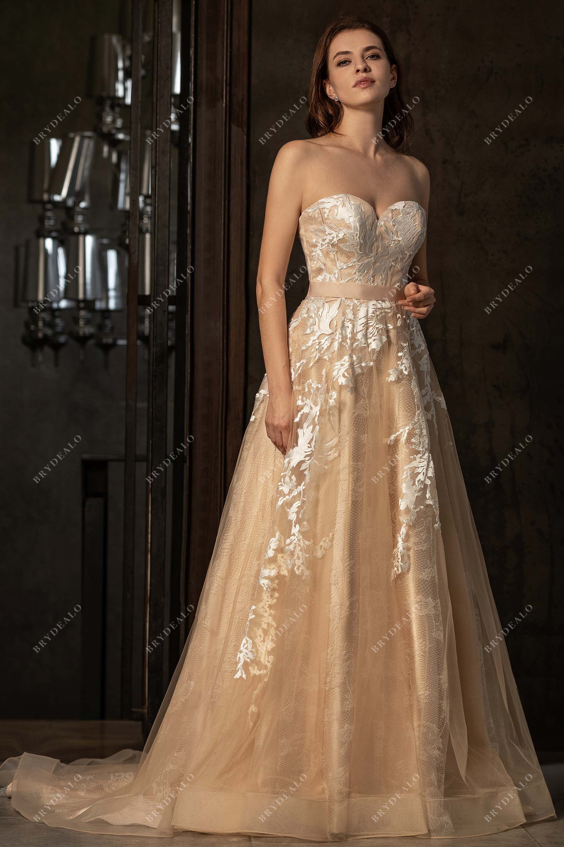 Lace Champagne Colored Strapless Traditional Sweetheart Wedding Dress, White