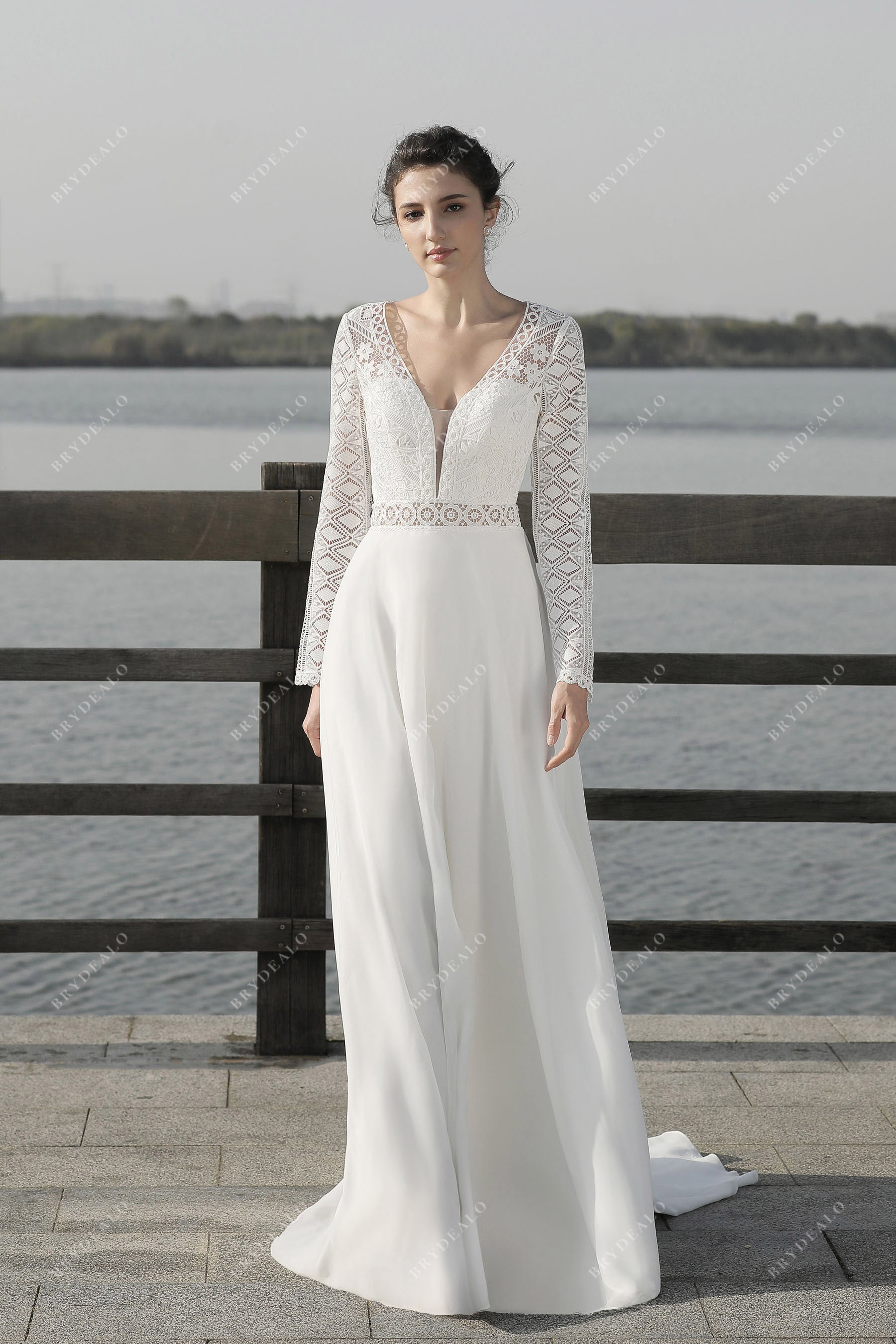 Elegant Lace Sleeves Plunging Neck A-Line Chiffon Wedding Dress Elegant Lace Sleeves Plunging Neck A-Line Chiffon Wedding Dress