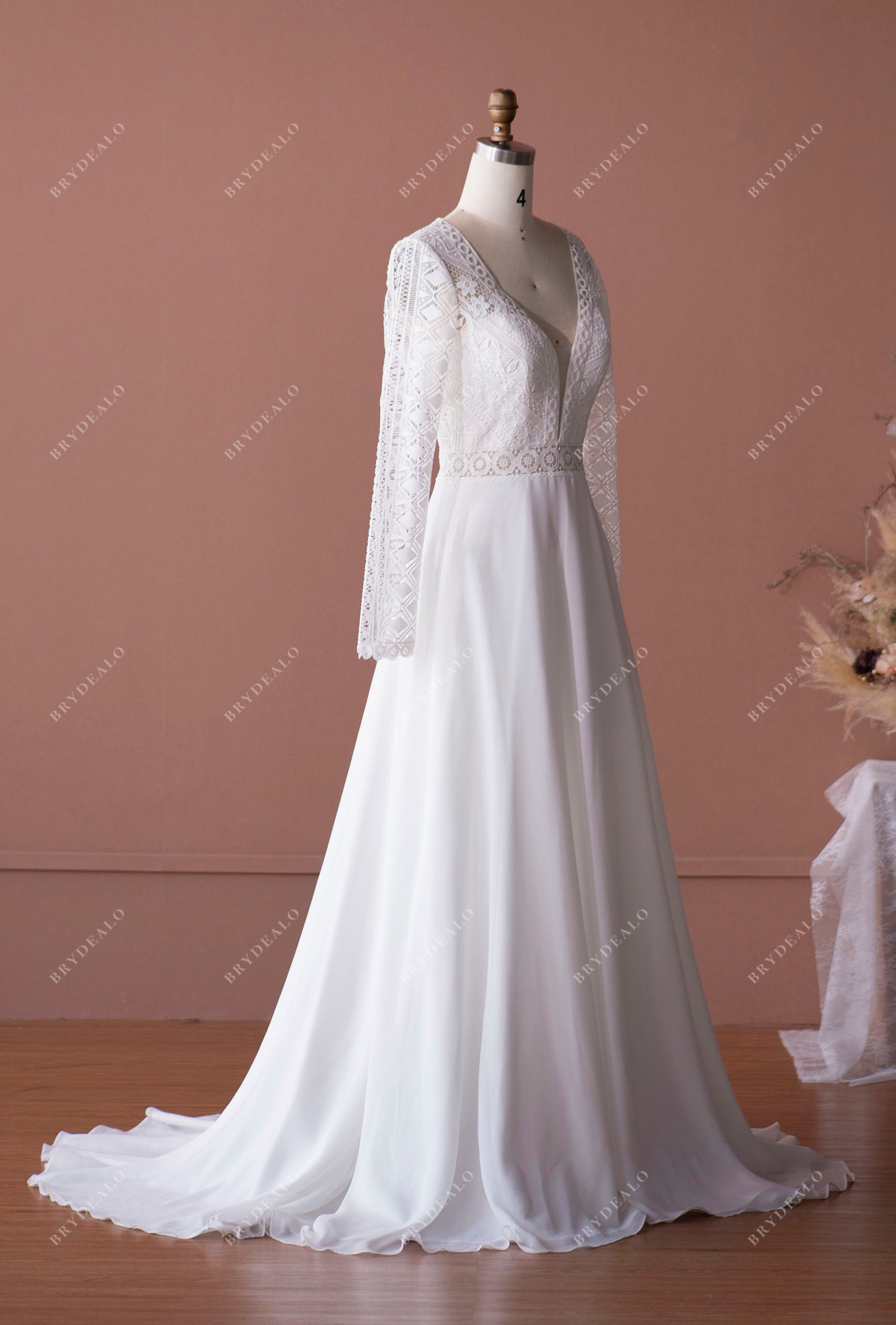 sweep train A-line chiffon bridal gown