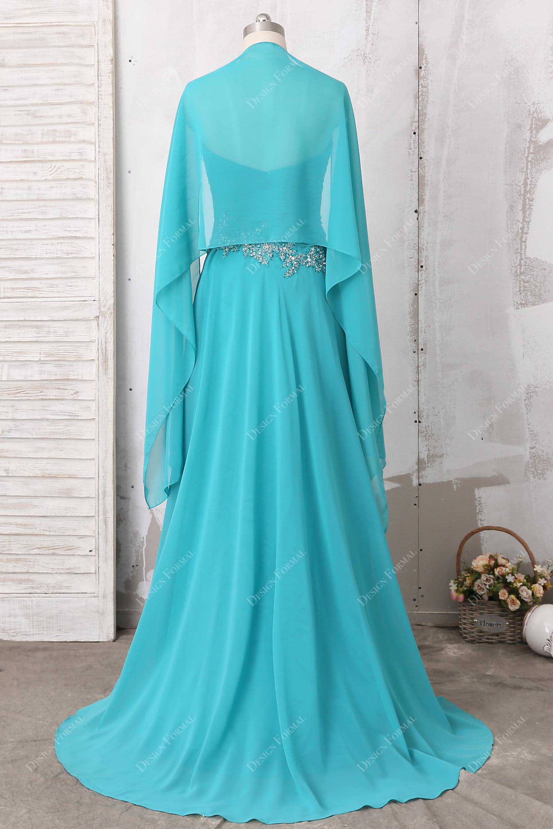 A-line bridesmaid dress aqua chiffon cape