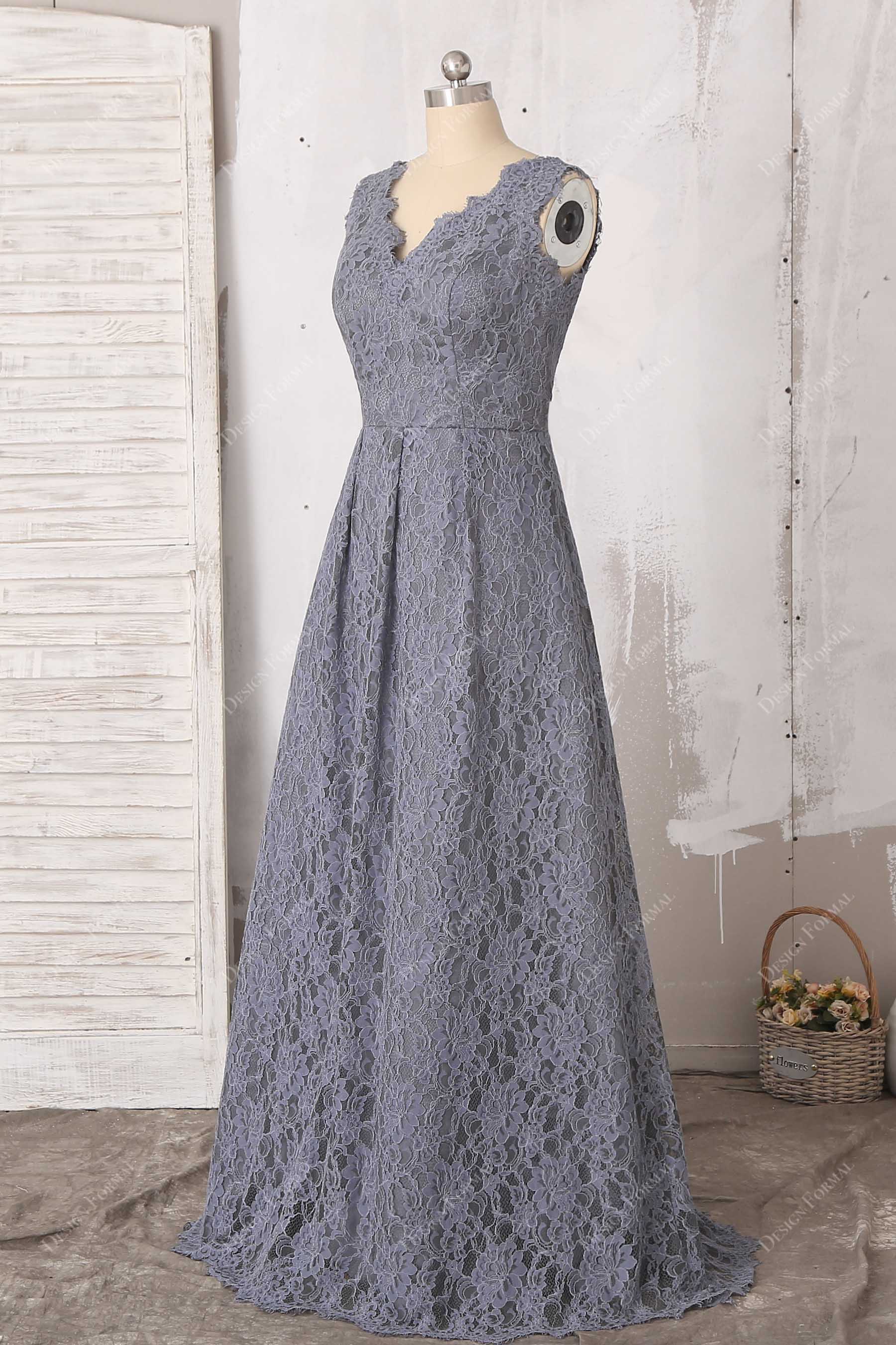A-line lace V-neck bridesmaid gown