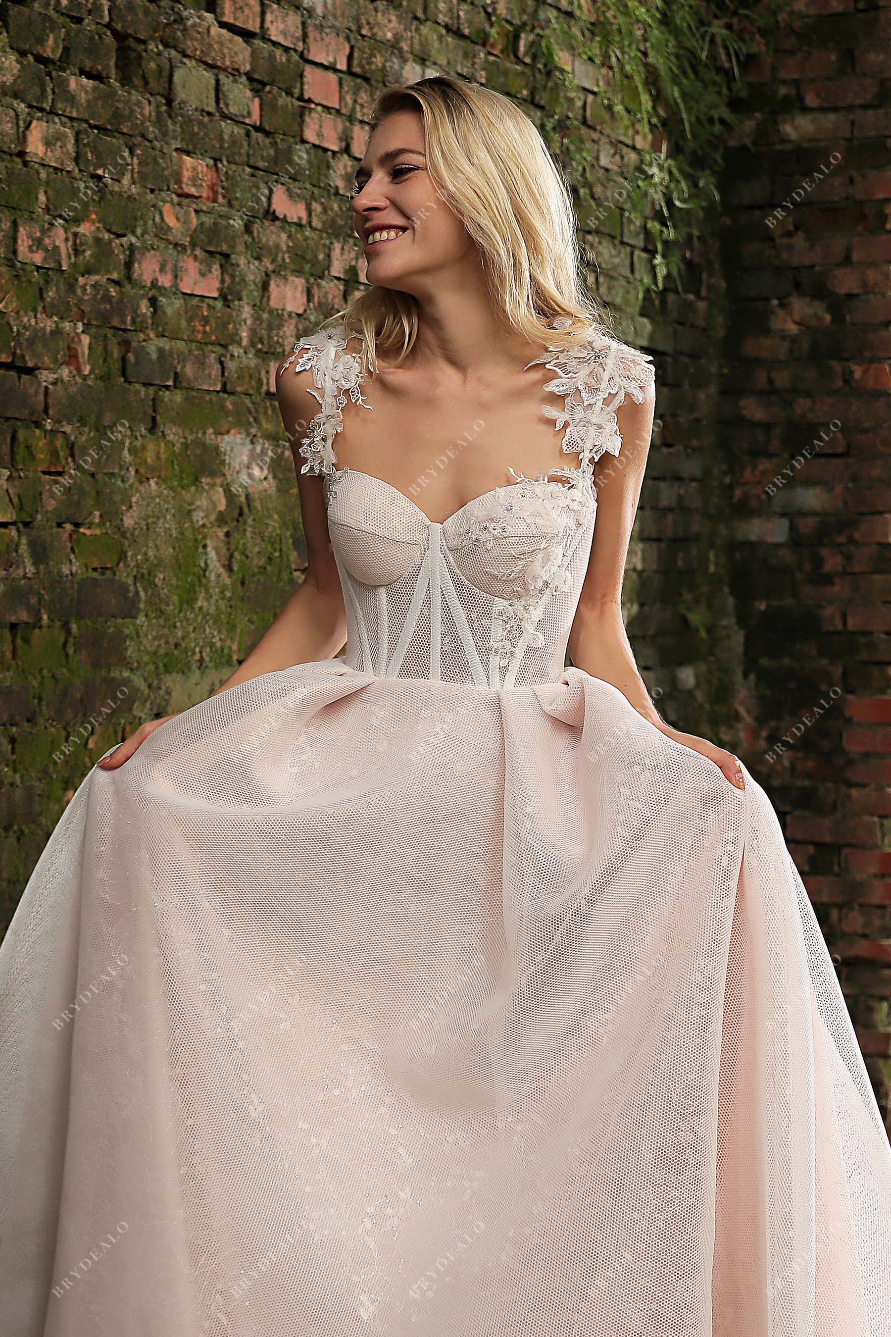Designer Dusty Rose Sweetheart Corset Bridal Gown, Light Ivory Designer Dusty Rose Sweetheart Corset Bridal Gown, Light Ivory