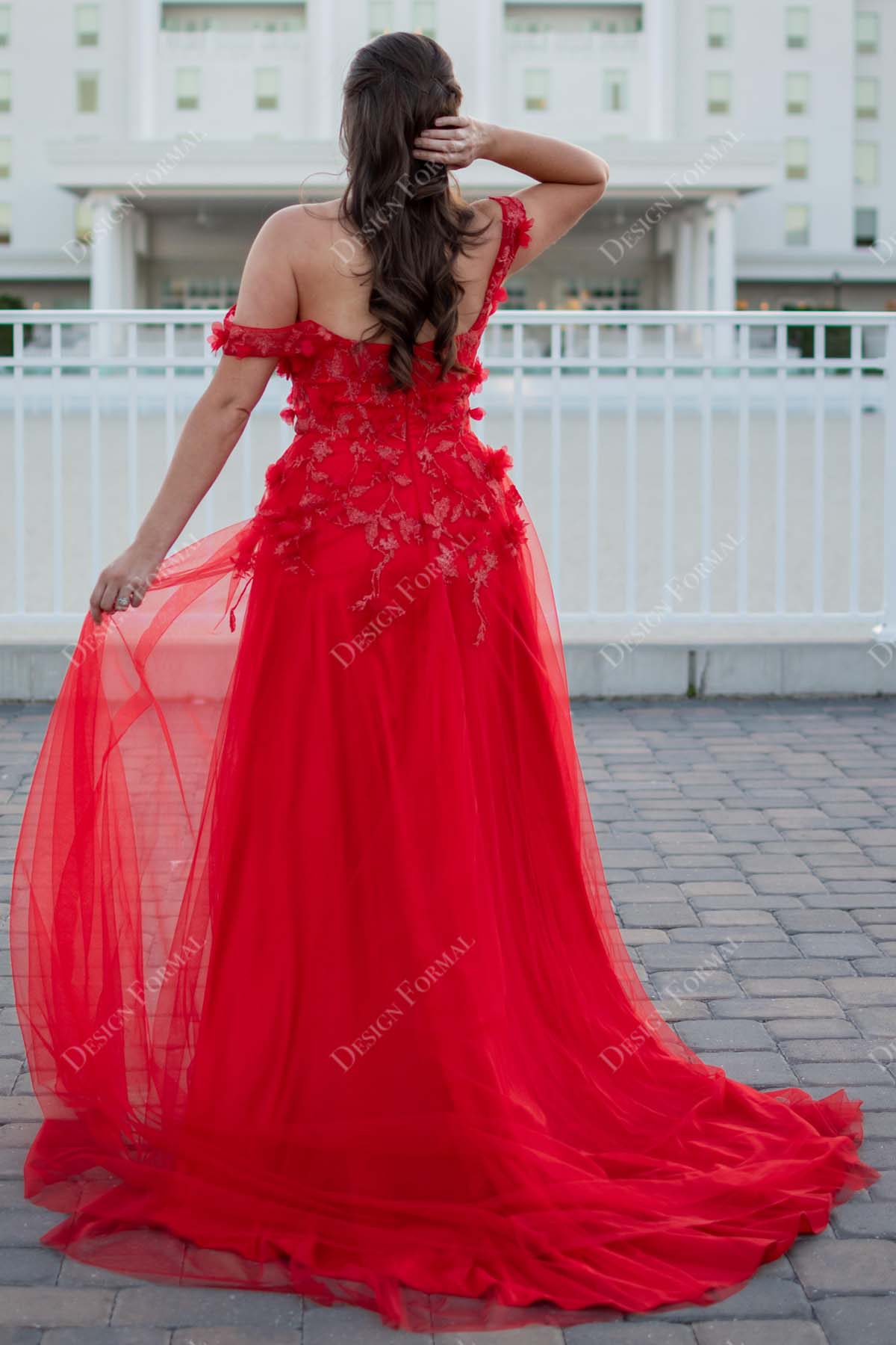 Autumn Red Off Shoulder A-line Tulle Bridal Dress