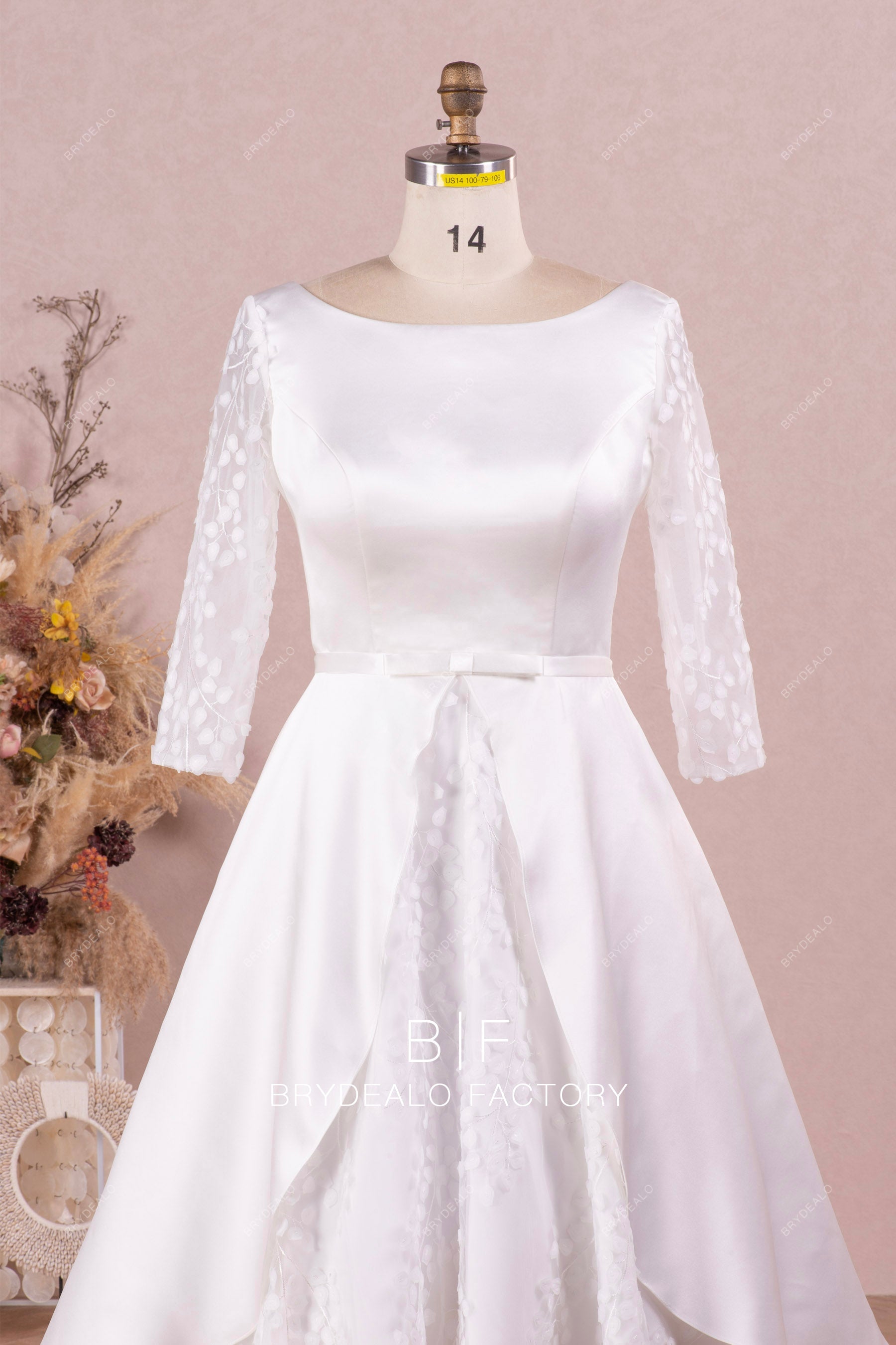 bateau neck 3/4 sleeves satin lace wedding dress