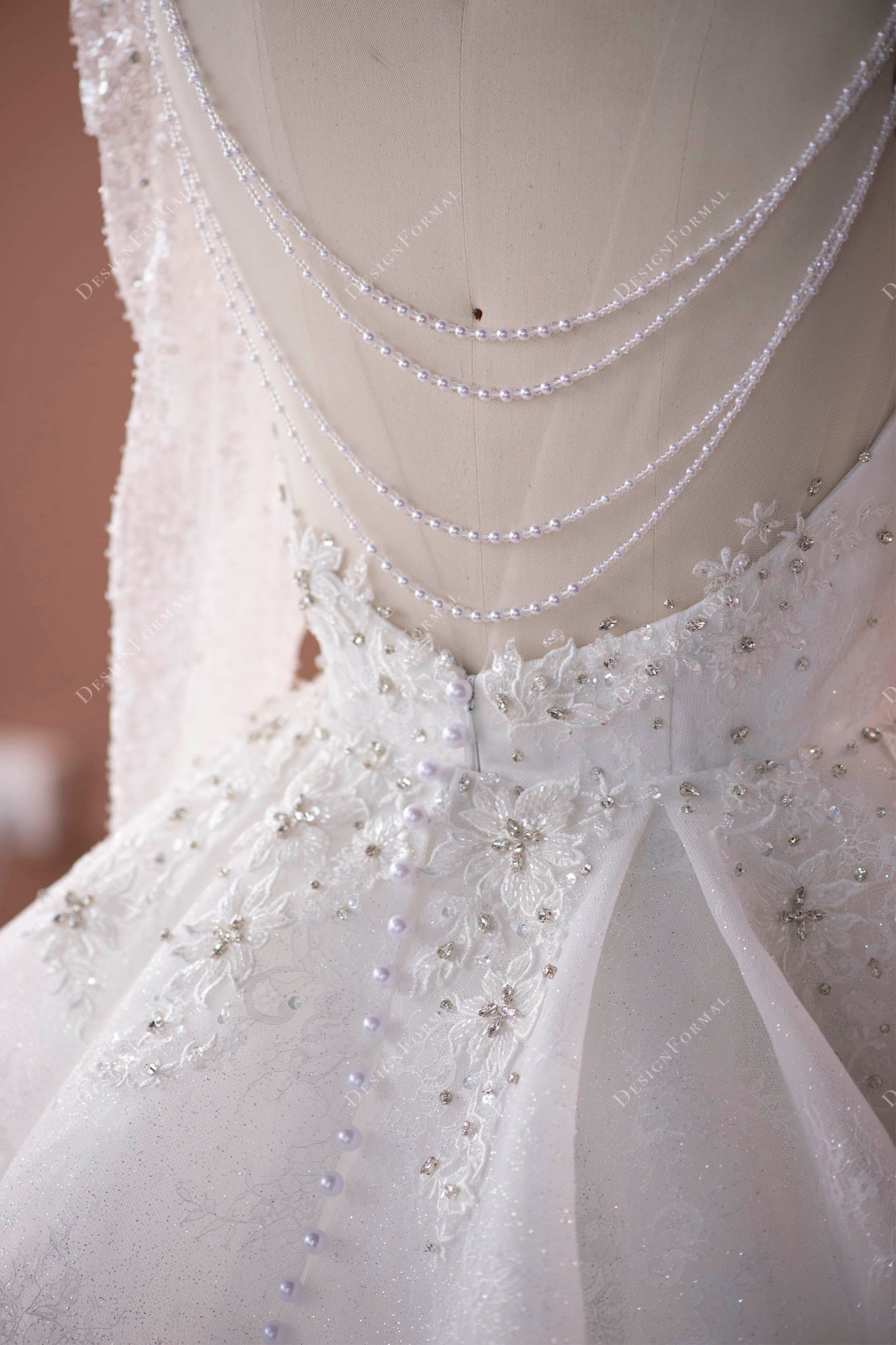 beaded chains open back wedding dress