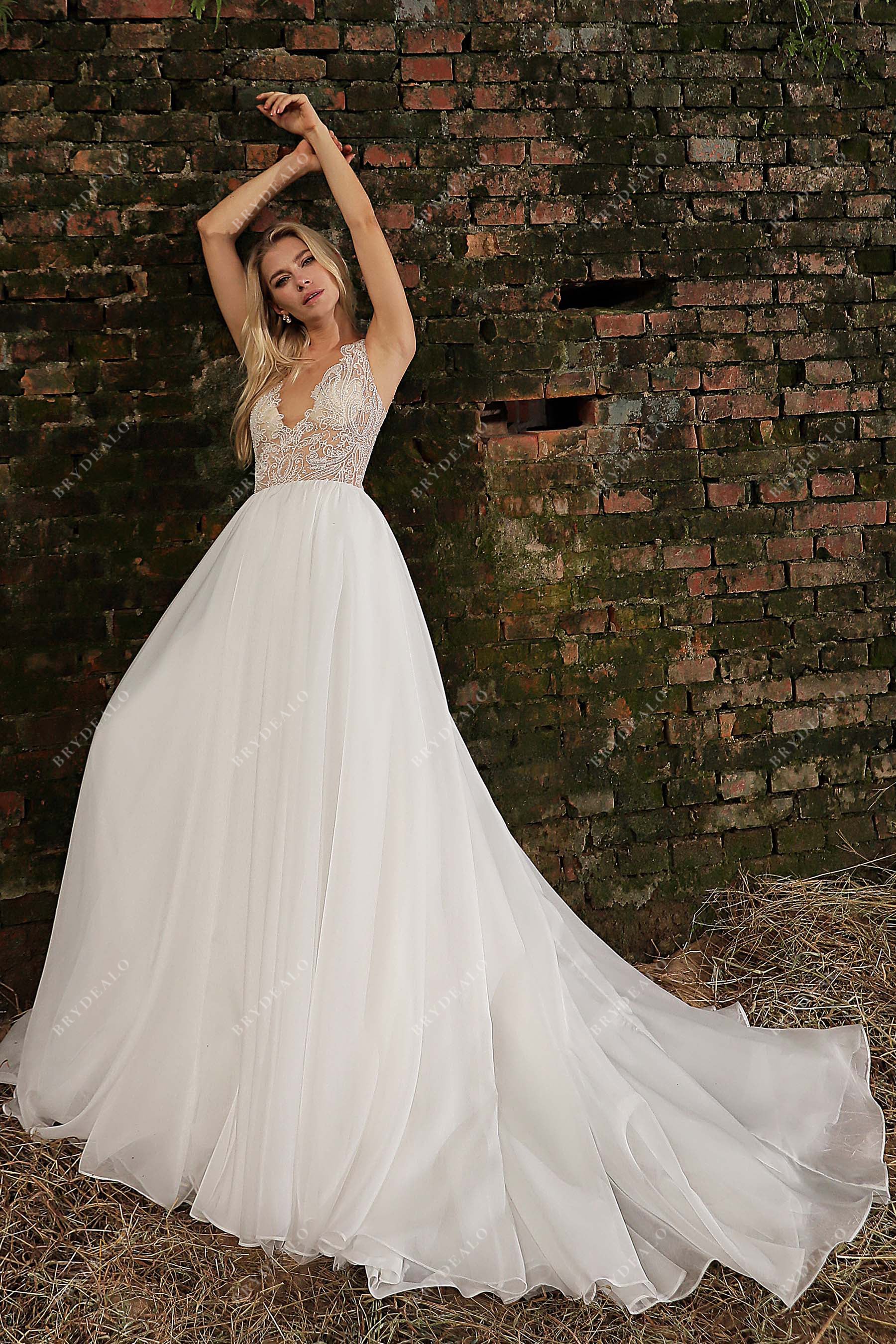 Beaded Lace Illusion Neck Organza A-Line Chic Wedding Gown