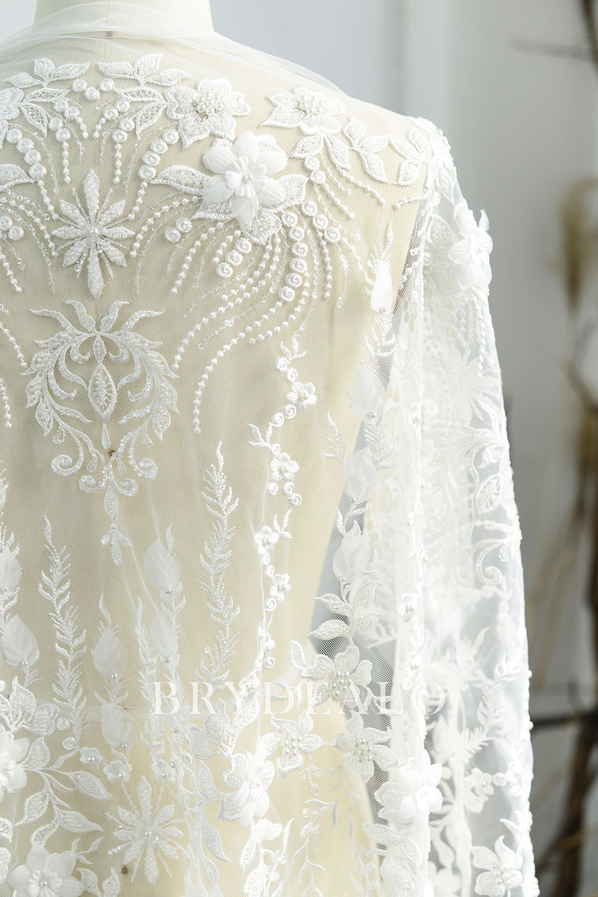 Designer 3D Flower Vine Lace Fabric with Pearls