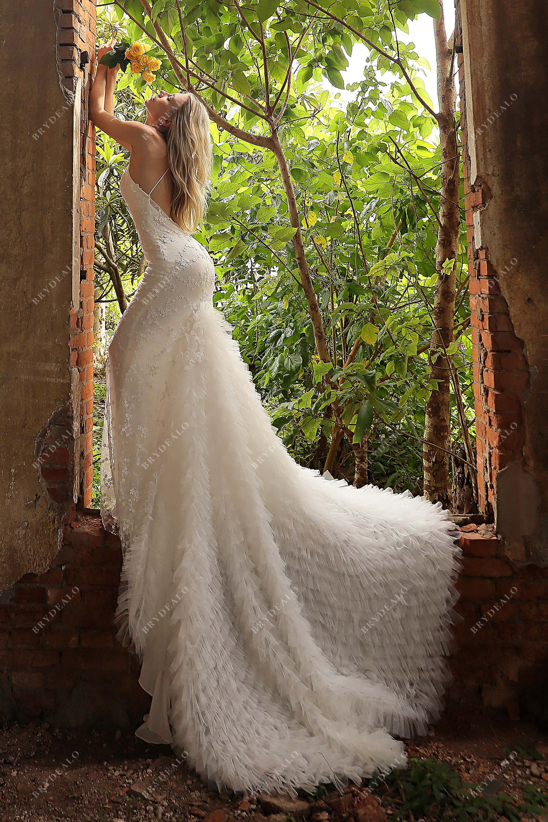 Designer Ruffled Mermaid Crisscross Back Lace Country Wedding Dress Designer Ruffled Mermaid Crisscross Back Lace Country Wedding Dress
