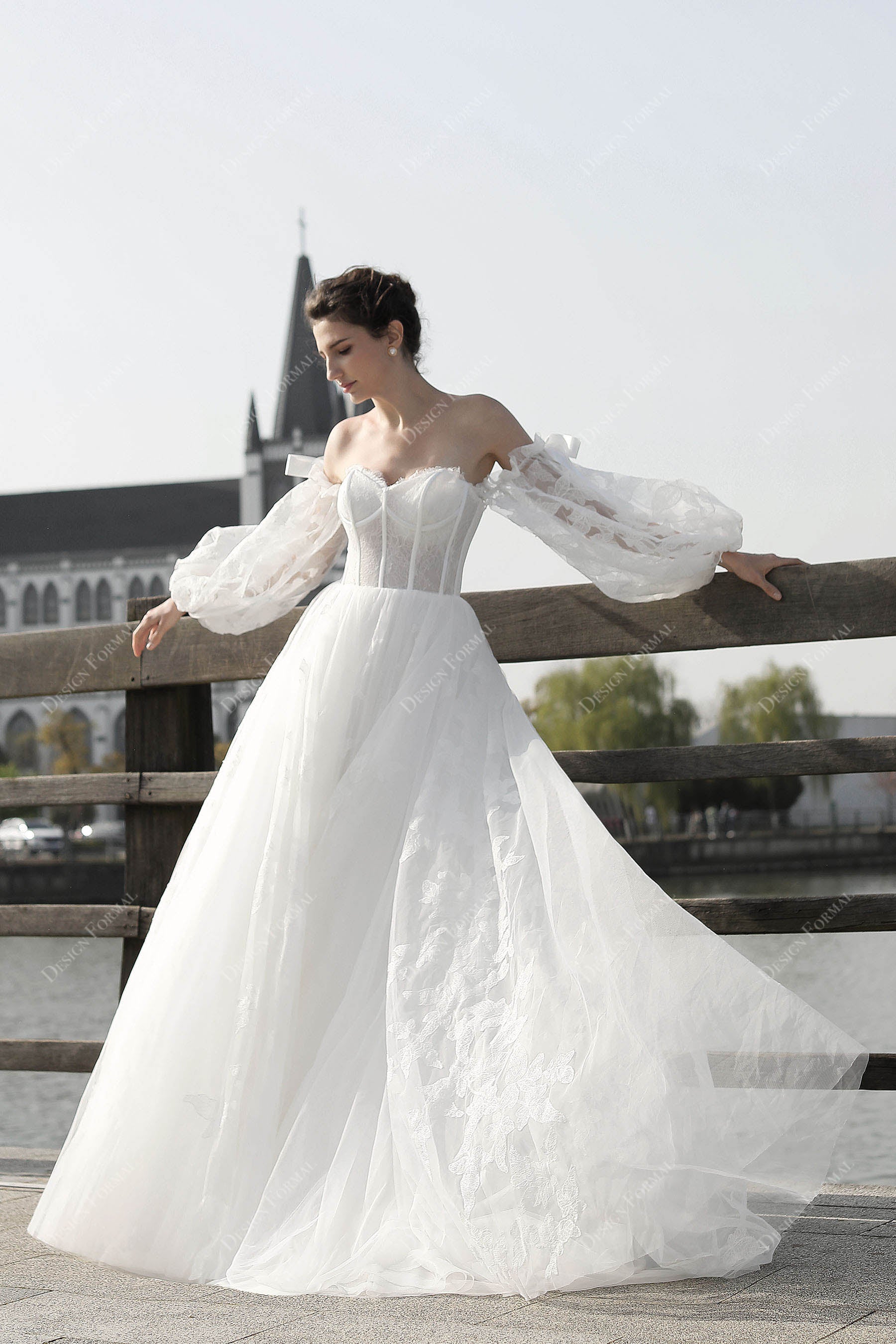Bell Sleeve Off-shoulder Church Corset Lace Fall Bridal Dress