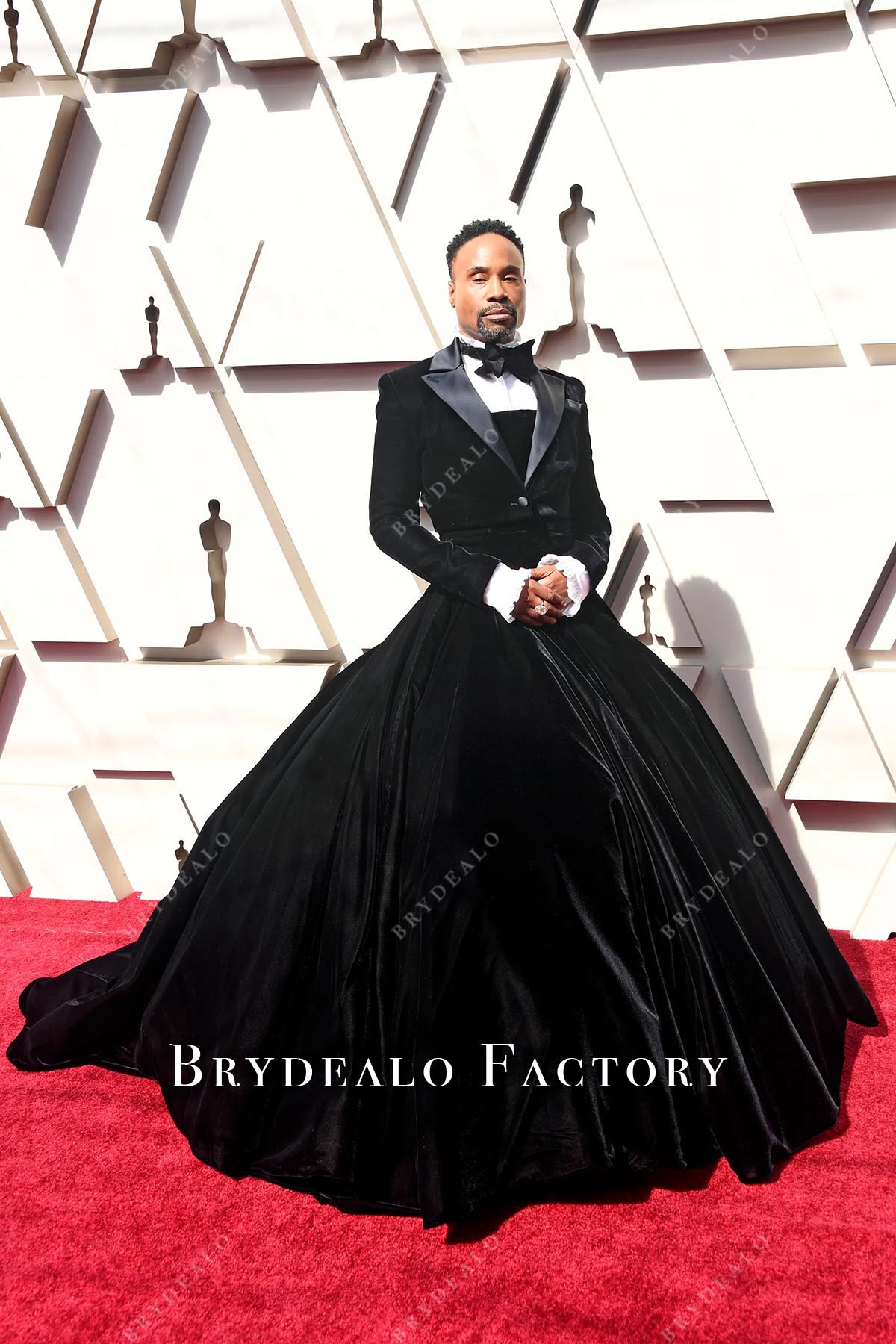 Custom Black Velvet Flutter Sleeve Puffy Gay Man Dragon Queen Dress, Dress+Suits+Bowtie
