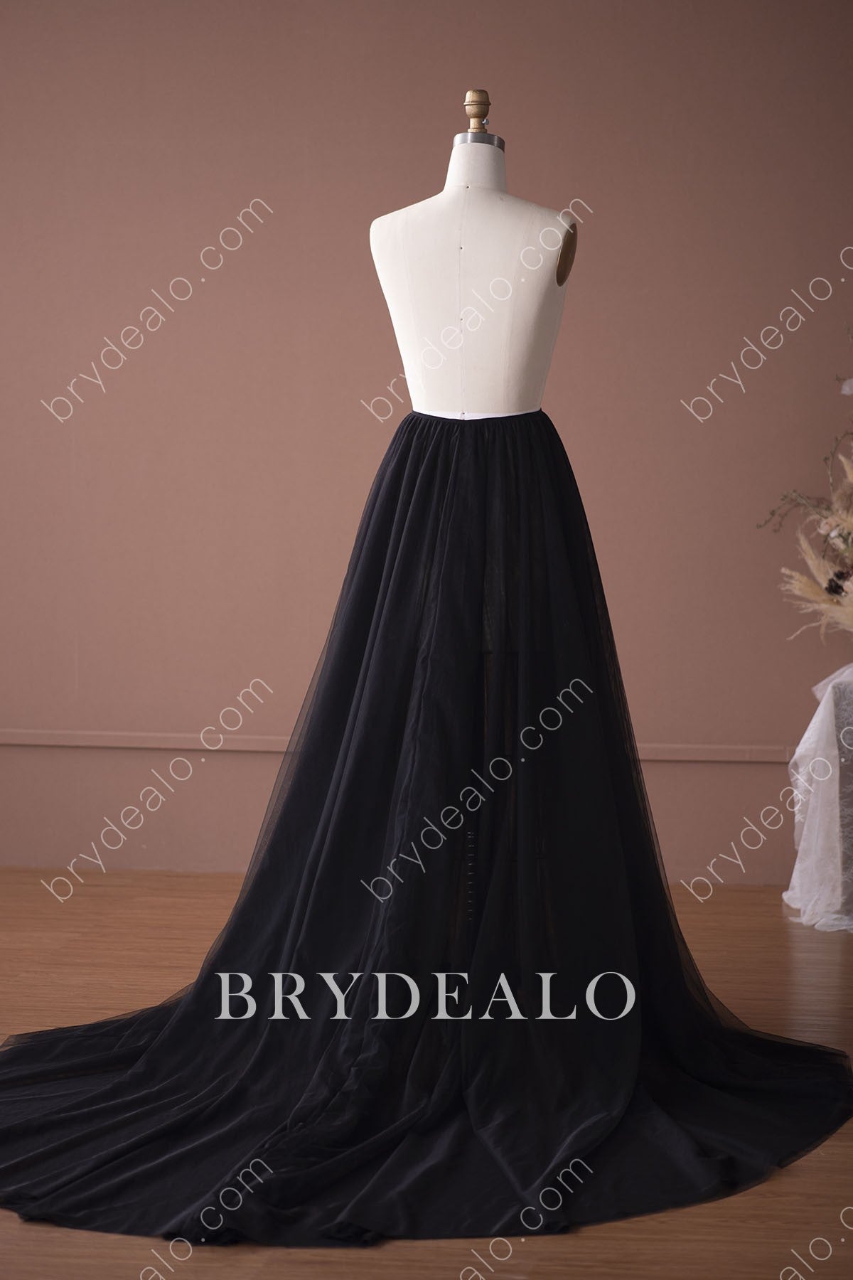 chapel train black wedding dress tulle overskirt