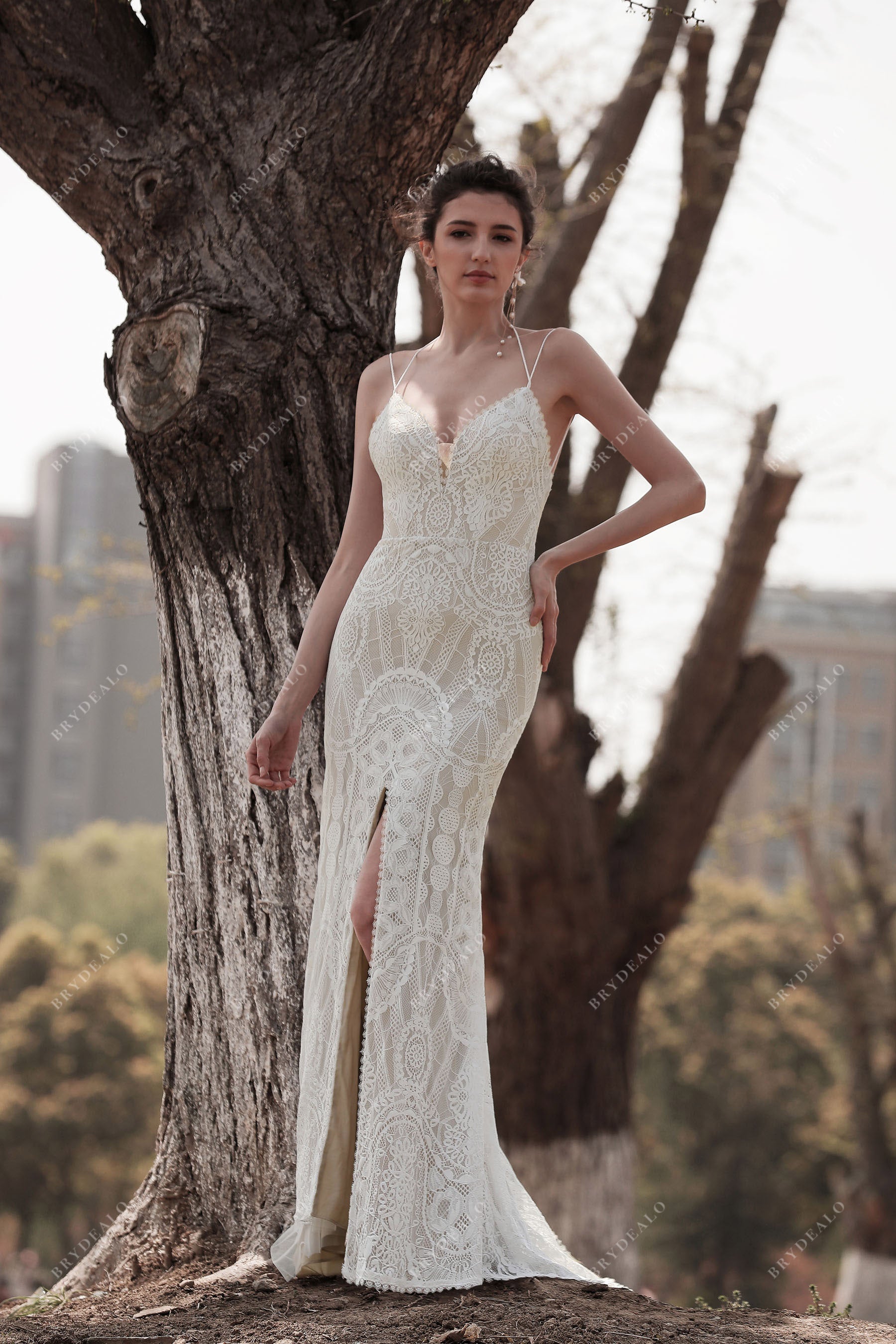 Boho Lace Halter Straps Slit Fit & Flare Destination Nude Wedding Dress, White Boho Lace Halter Straps Slit Fit & Flare Destination Nude Wedding Dress, White