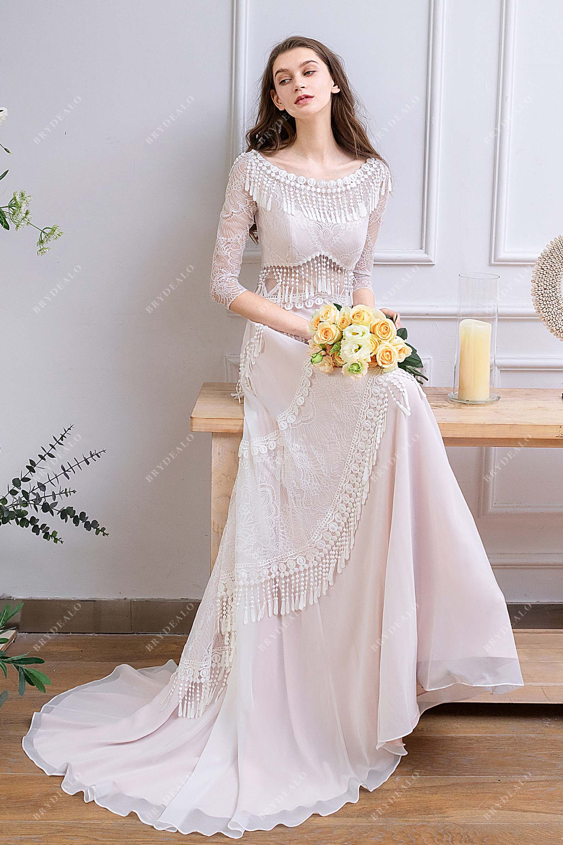 3/4 Sleeved Pearl Pink Boho Tassels Destination Wedding Dress, Pearl Pink 3/4 Sleeved Pearl Pink Boho Tassels Destination Wedding Dress, Pearl Pink