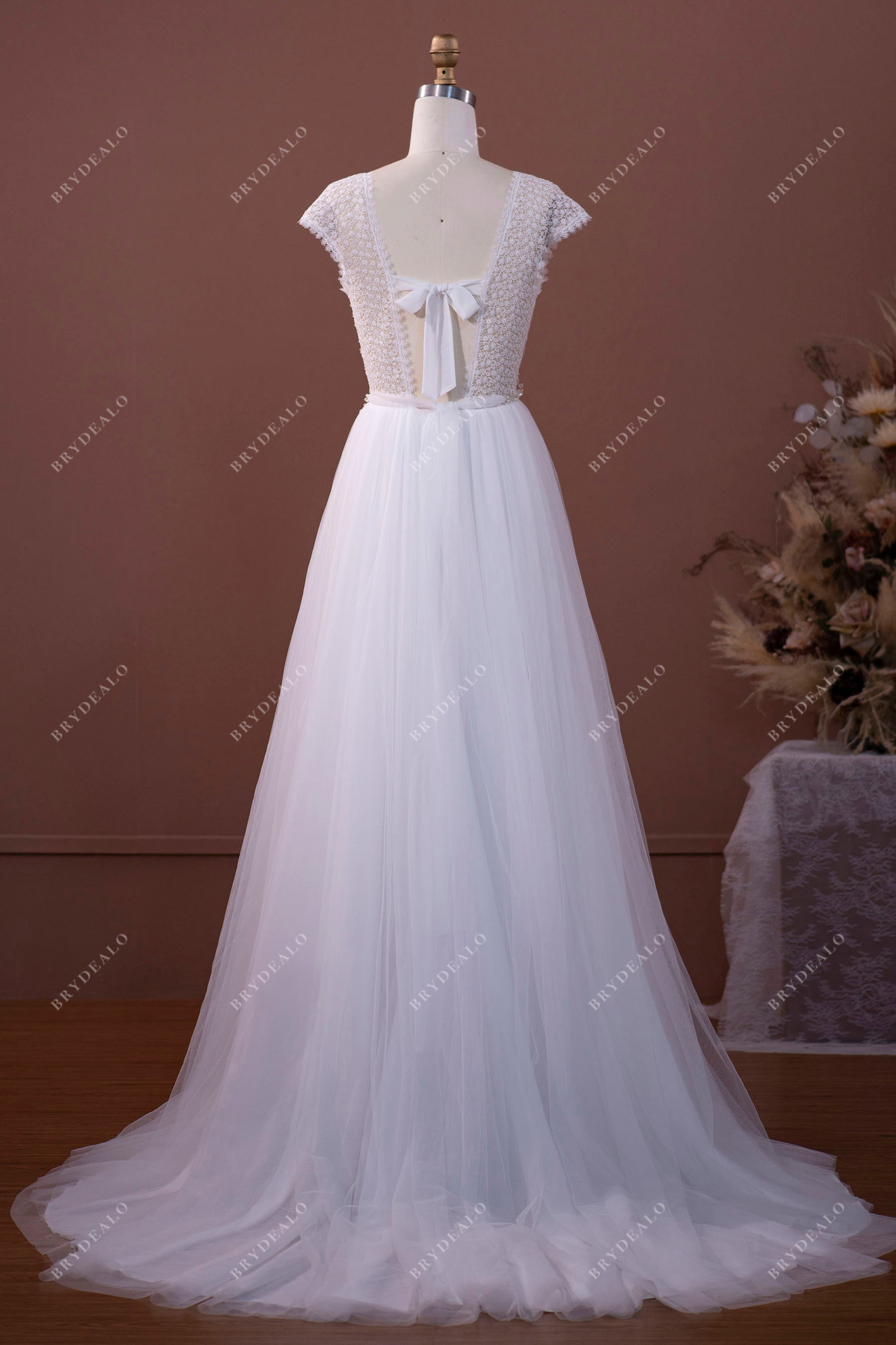 Self-tie Bowknot Illusion Floral Lace Bridal Gown