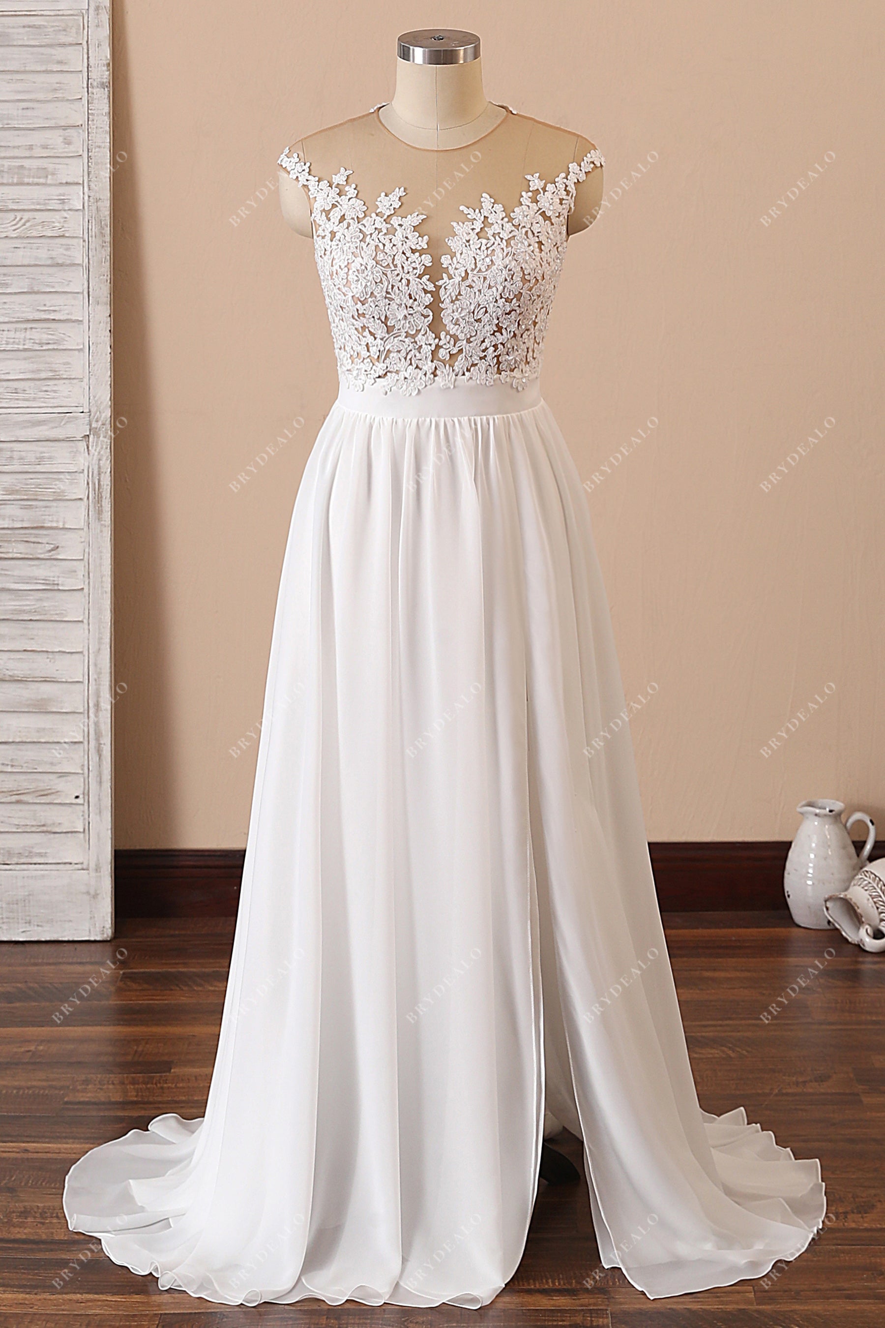 sachin and babi light blue dress Illusion Neck Spring Lace Chiffon Slit Beach Wedding Dress