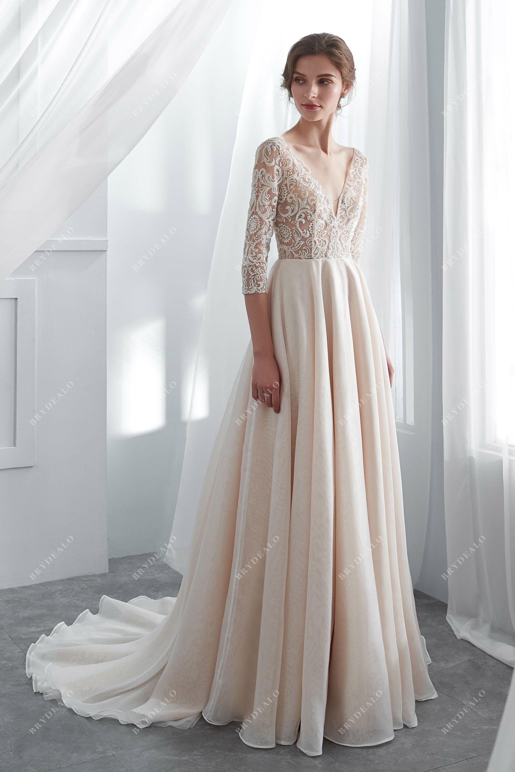 Champagne Illusion 3/4 Sleeve Lace A-line Fall Wedding Dress