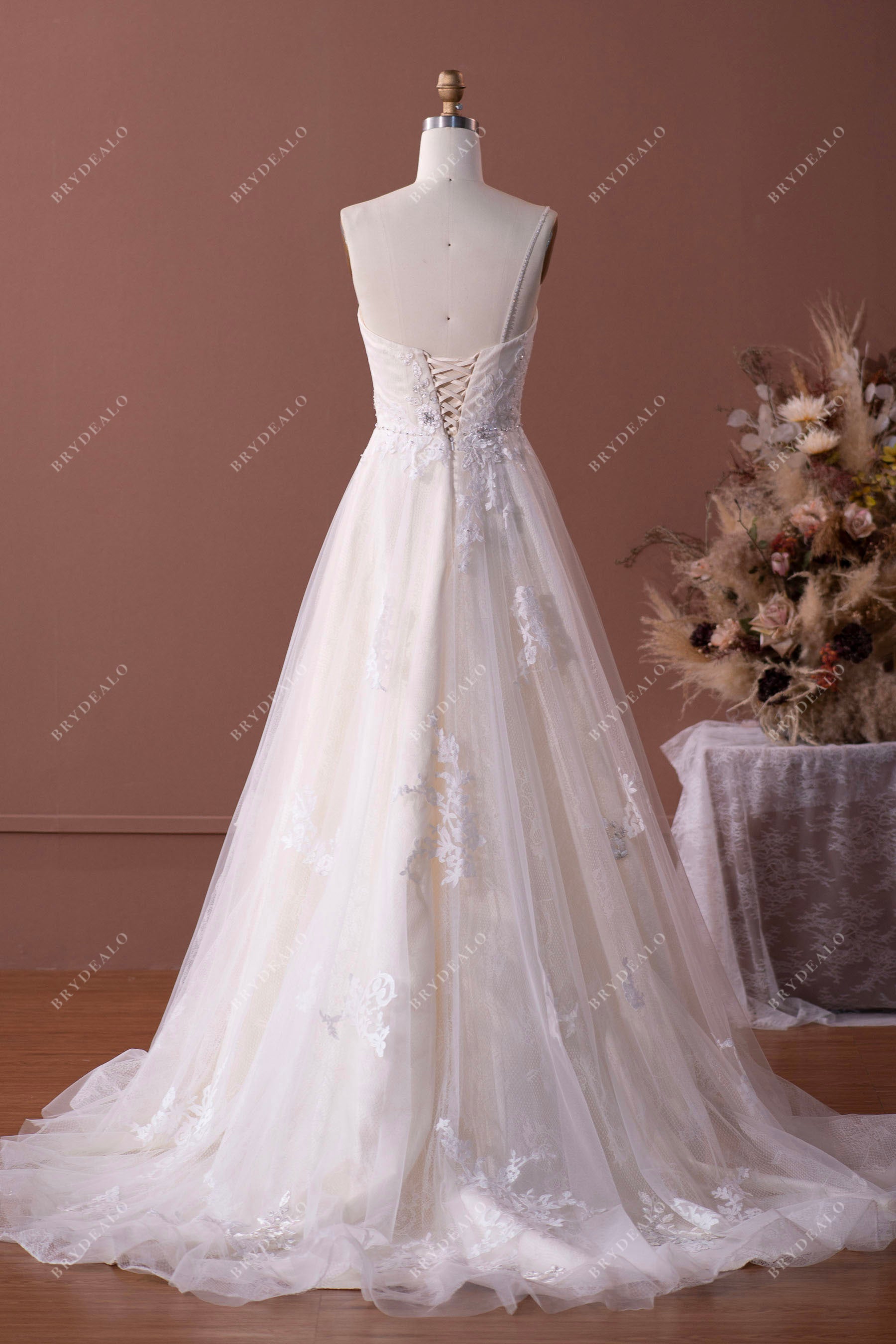 Lace Up Back Tulle Long A-line Wedding Dress