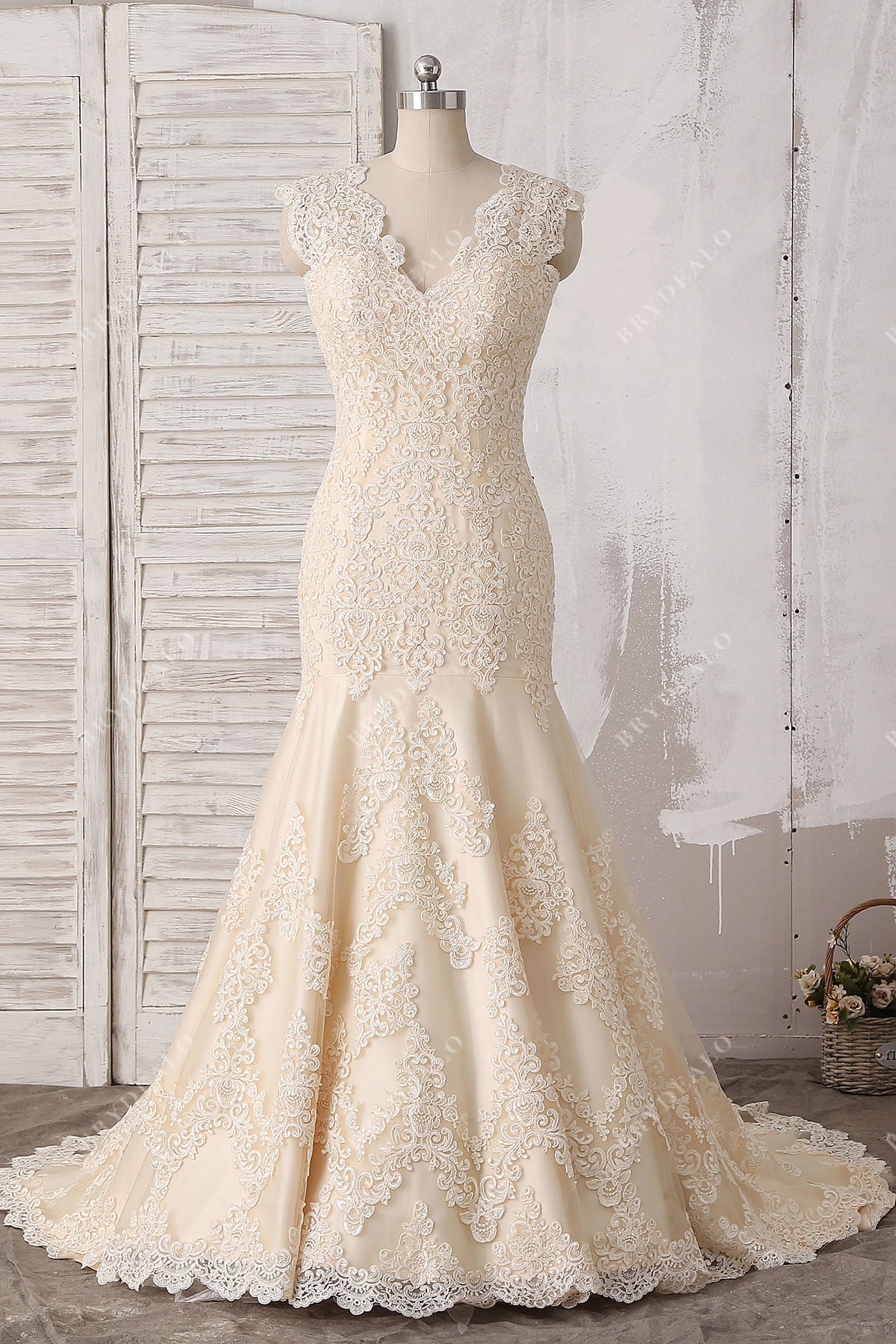 Champagne Lace V-Back Modest Trumpet Wedding Dress, Champagne