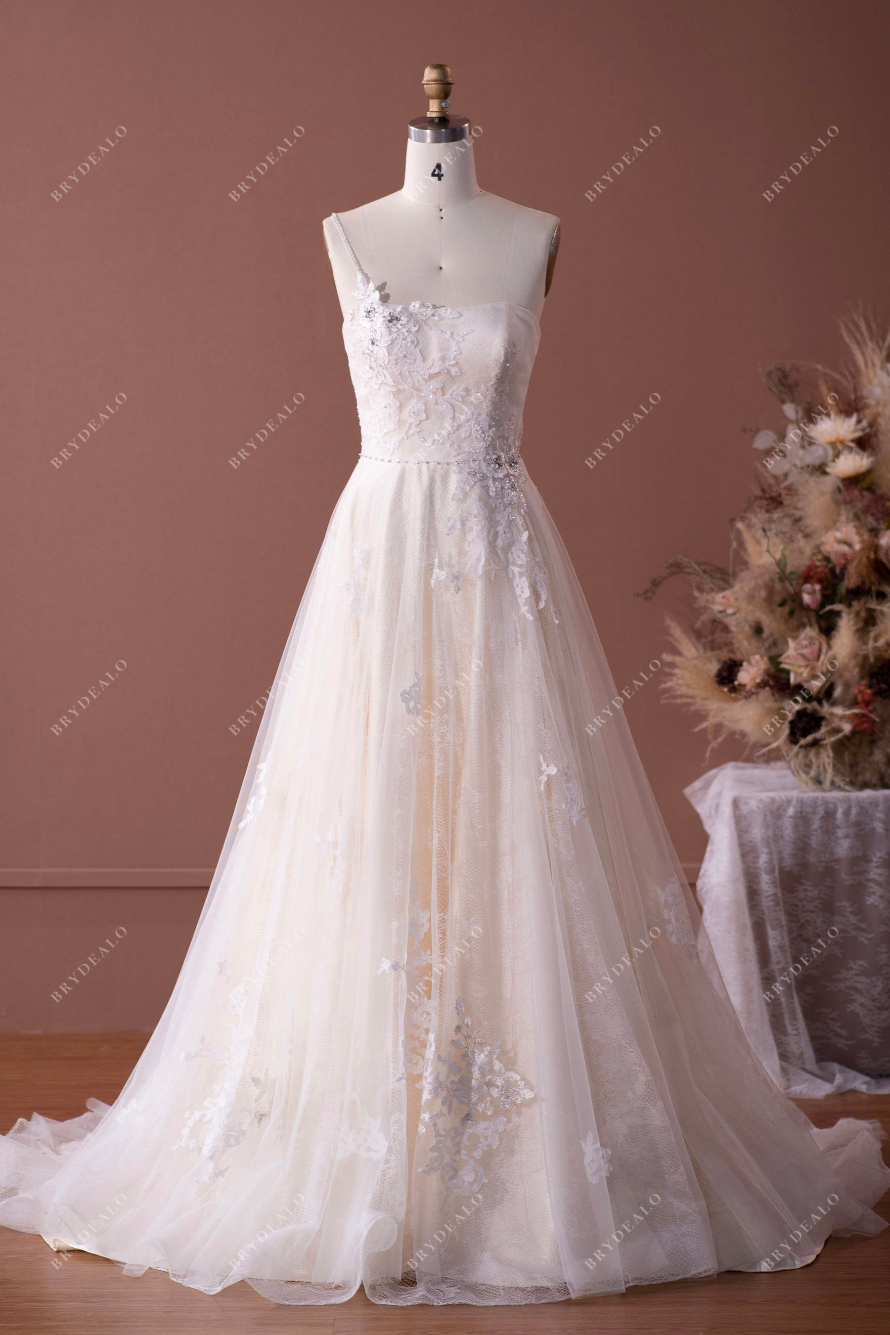 Unique Beaded One Shoulder Lace Tulle Long Champagne Wedding Dress, Champagne Unique Beaded One Shoulder Lace Tulle Long Champagne Wedding Dress, Champagne