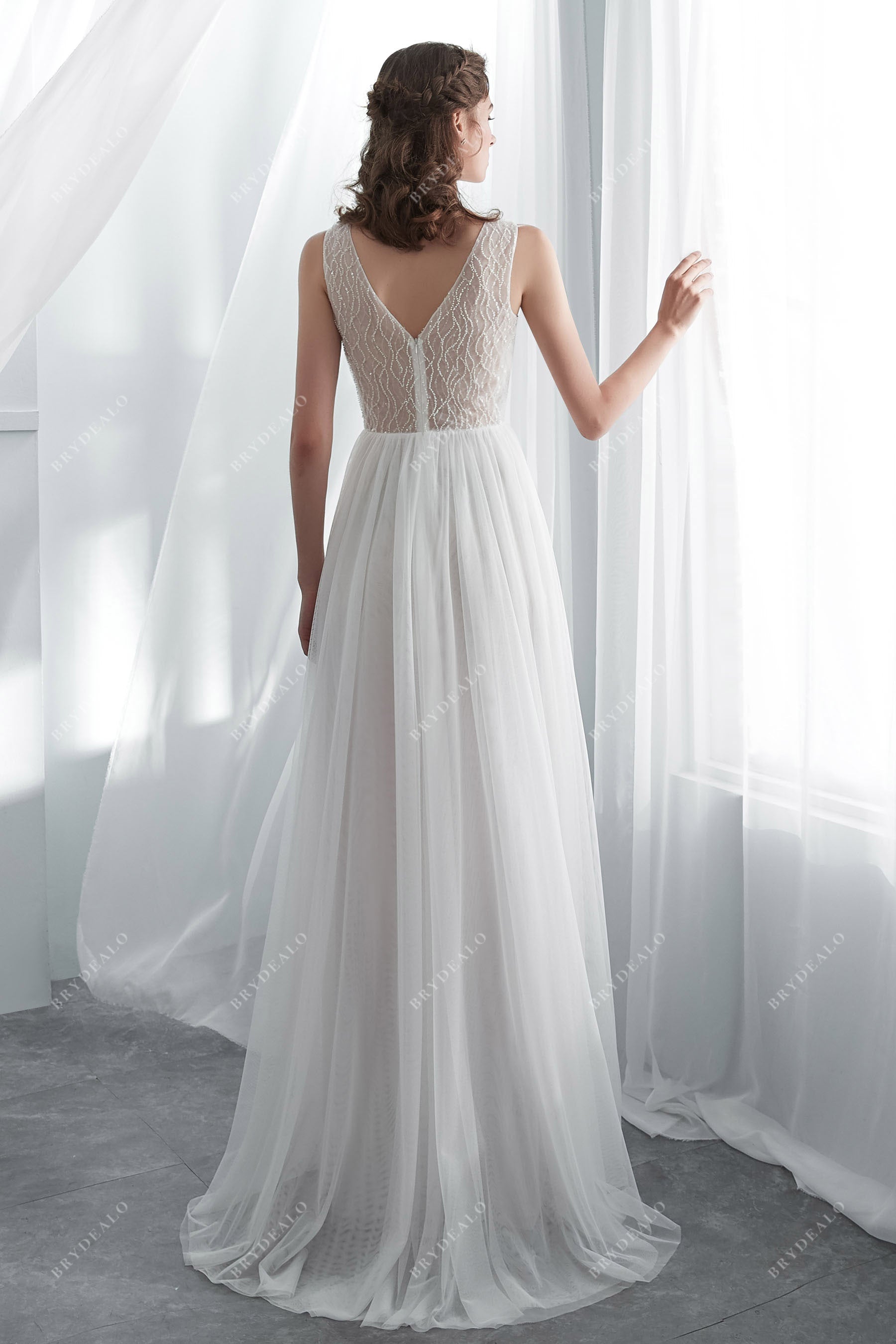Illusion Back Beaded Floor Length Beach Wedding Dress