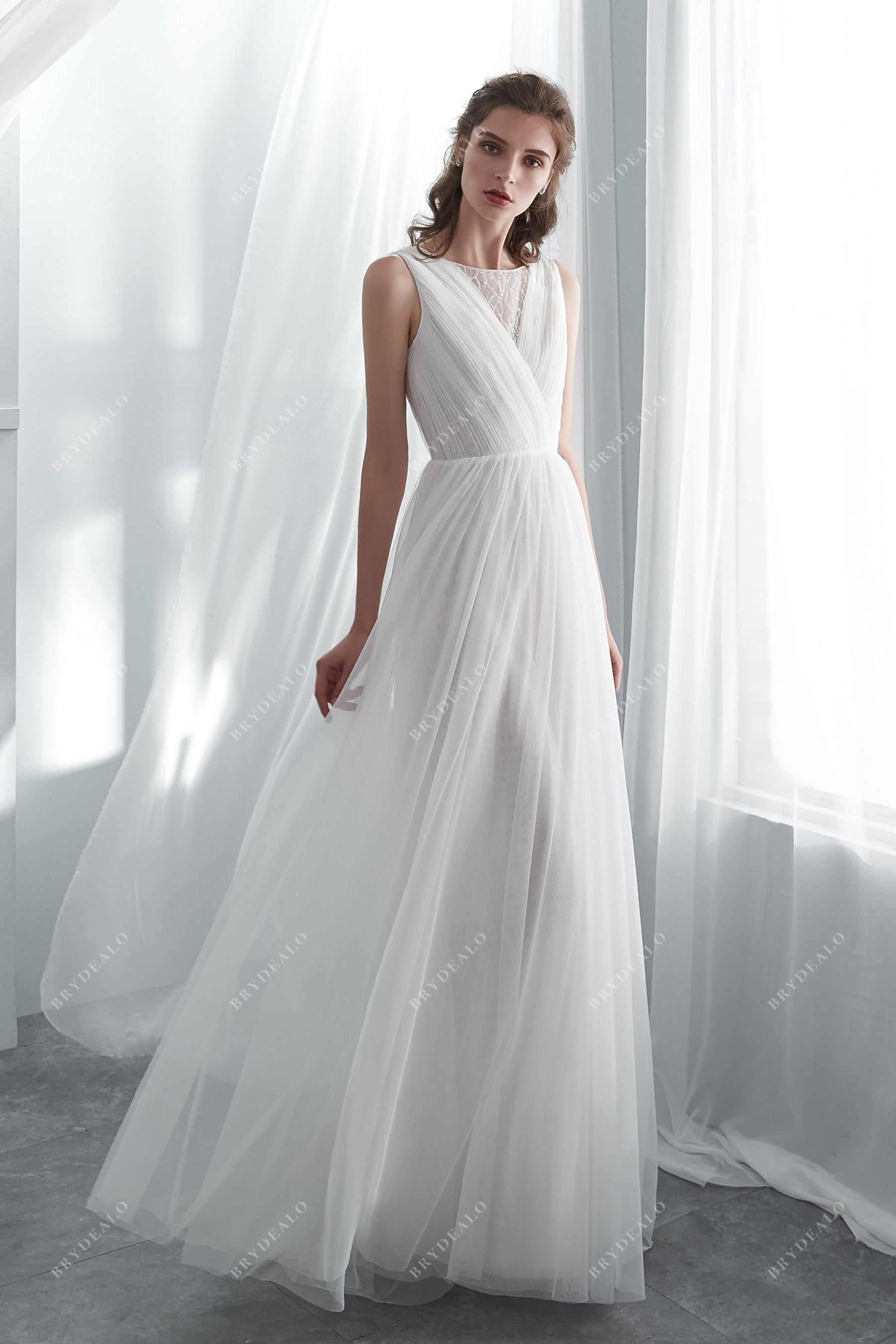 Illusion Bead Tulle Sleeveless Floor Length Spring Beach Bridal Dress Illusion Bead Tulle Sleeveless Floor Length Spring Beach Bridal Dress