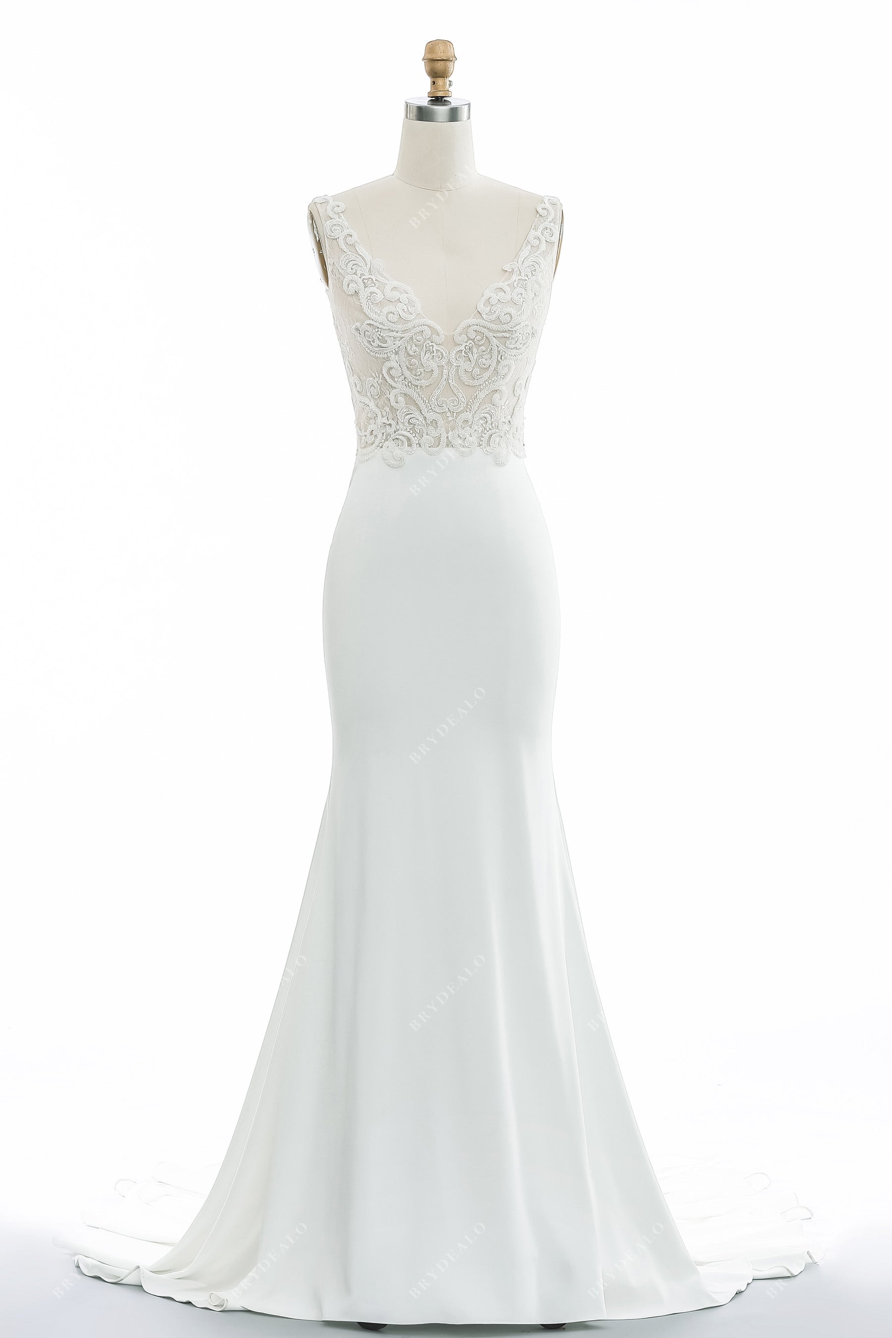 designer sleeveless lace mermaid crepe bridal gown