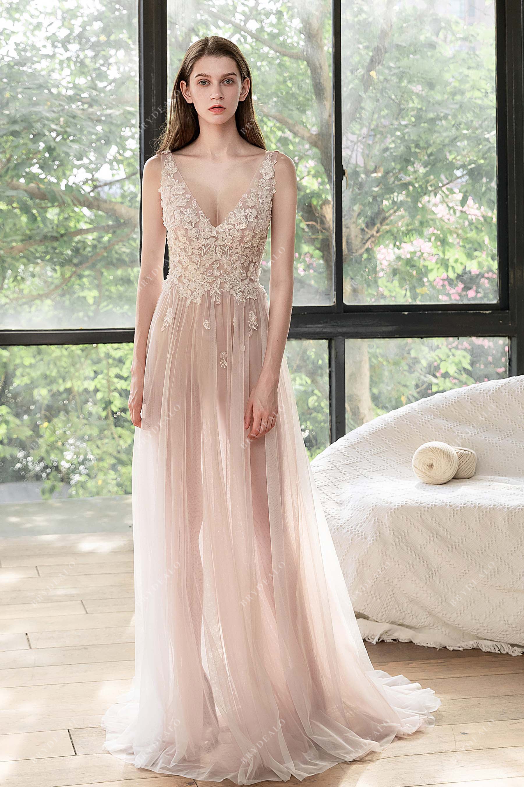 Illusion Lace V-neck Dusty Rose Beach A-line Summer Wedding Dress, Light Ivory Illusion Lace V-neck Dusty Rose Beach A-line Summer Wedding Dress, Light Ivory