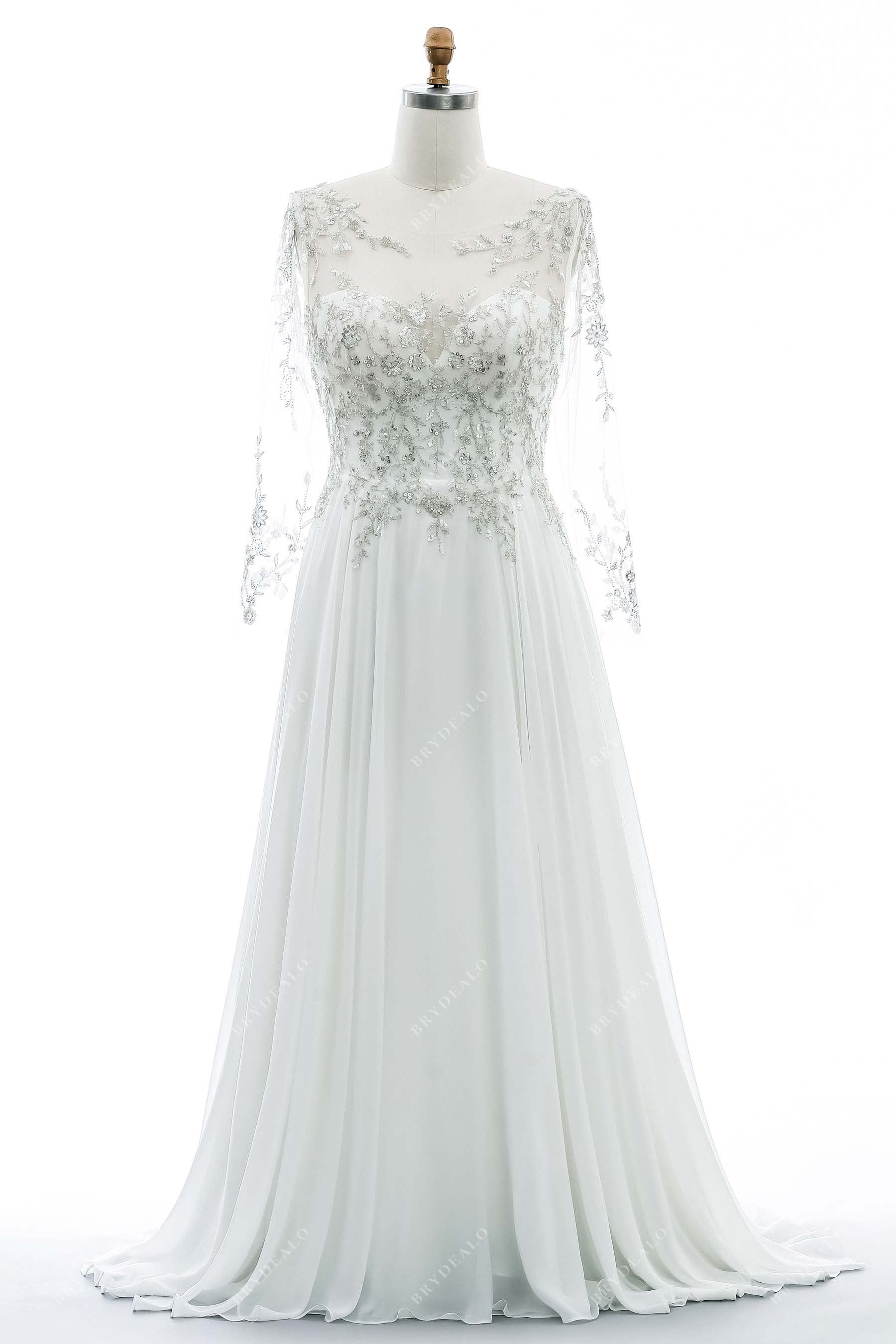 Plus Size Lace Sheer Sleeves A-line Chiffon Destination Wedding Dress