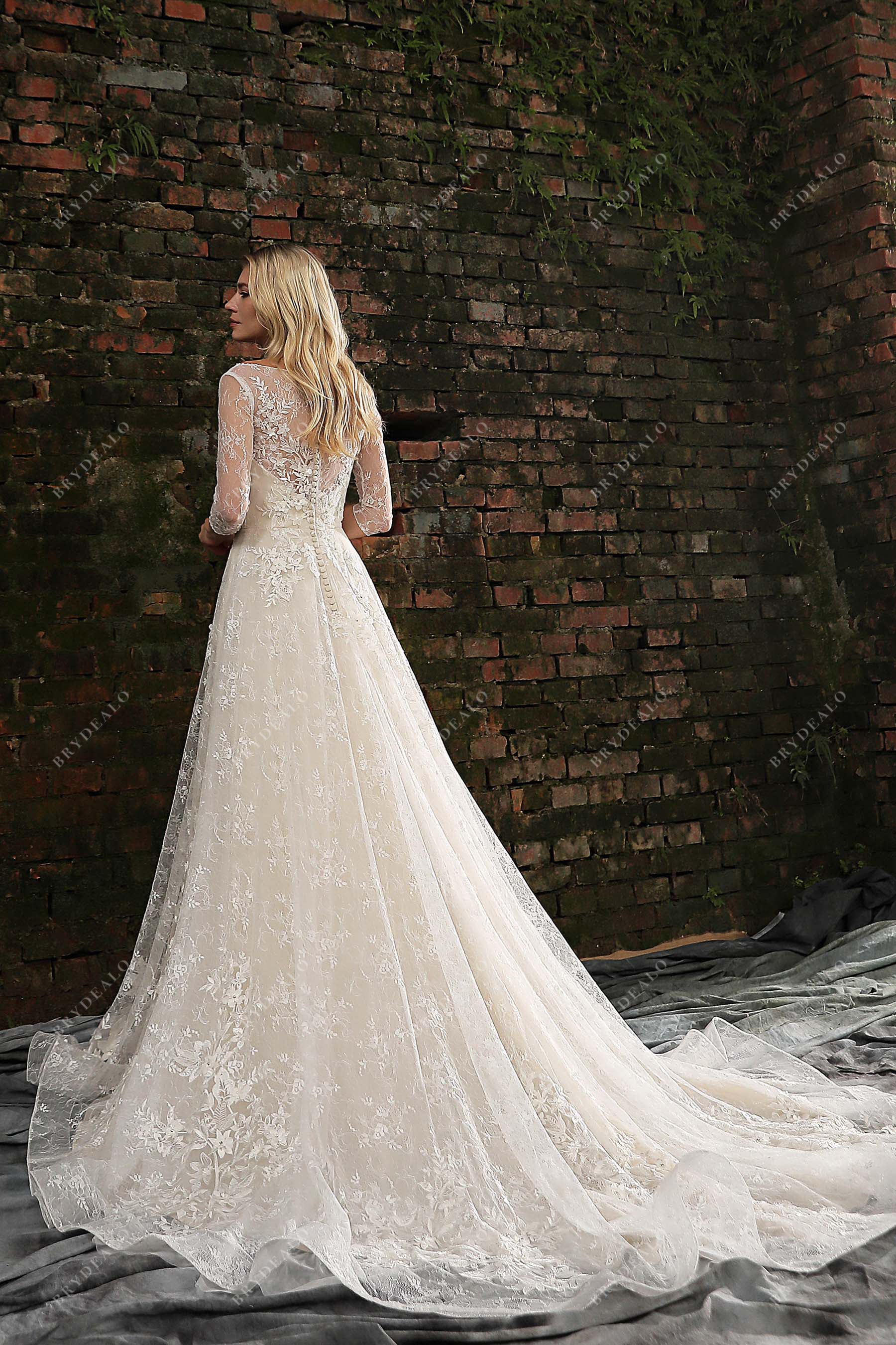 illusion back ruffled chapel train destination bridal dress