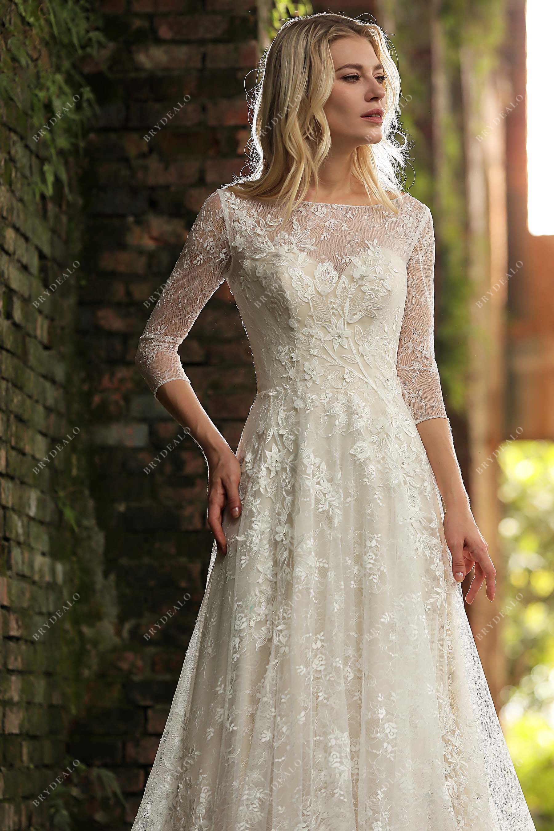 champagne illusion bateau neck lace designer bridal gown