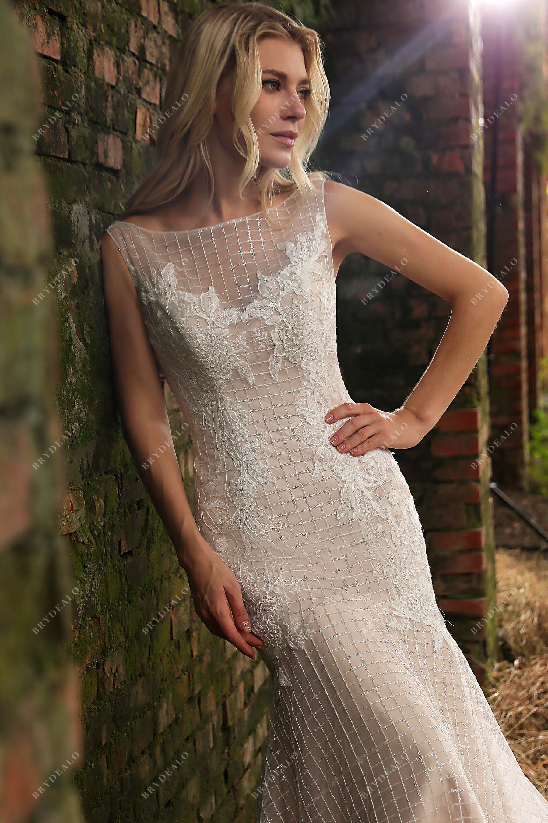 Illusion Bateau Neck Shimmery Sequined Colored Fall Wedding Gown