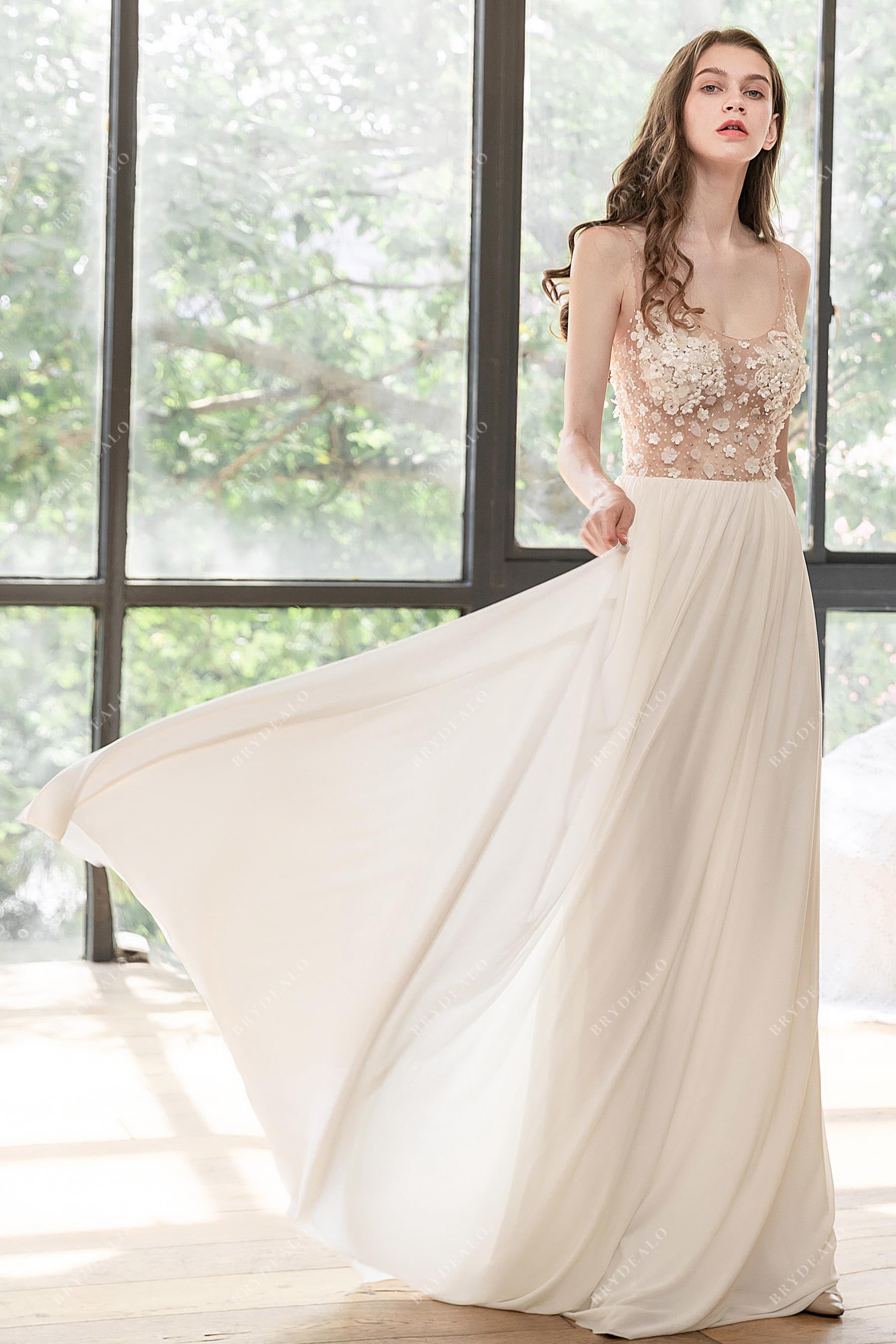 Boho Flowers Slim Chiffon Floor Length Summer Beach Wedding Dress Boho Flowers Slim Chiffon Floor Length Summer Beach Wedding Dress