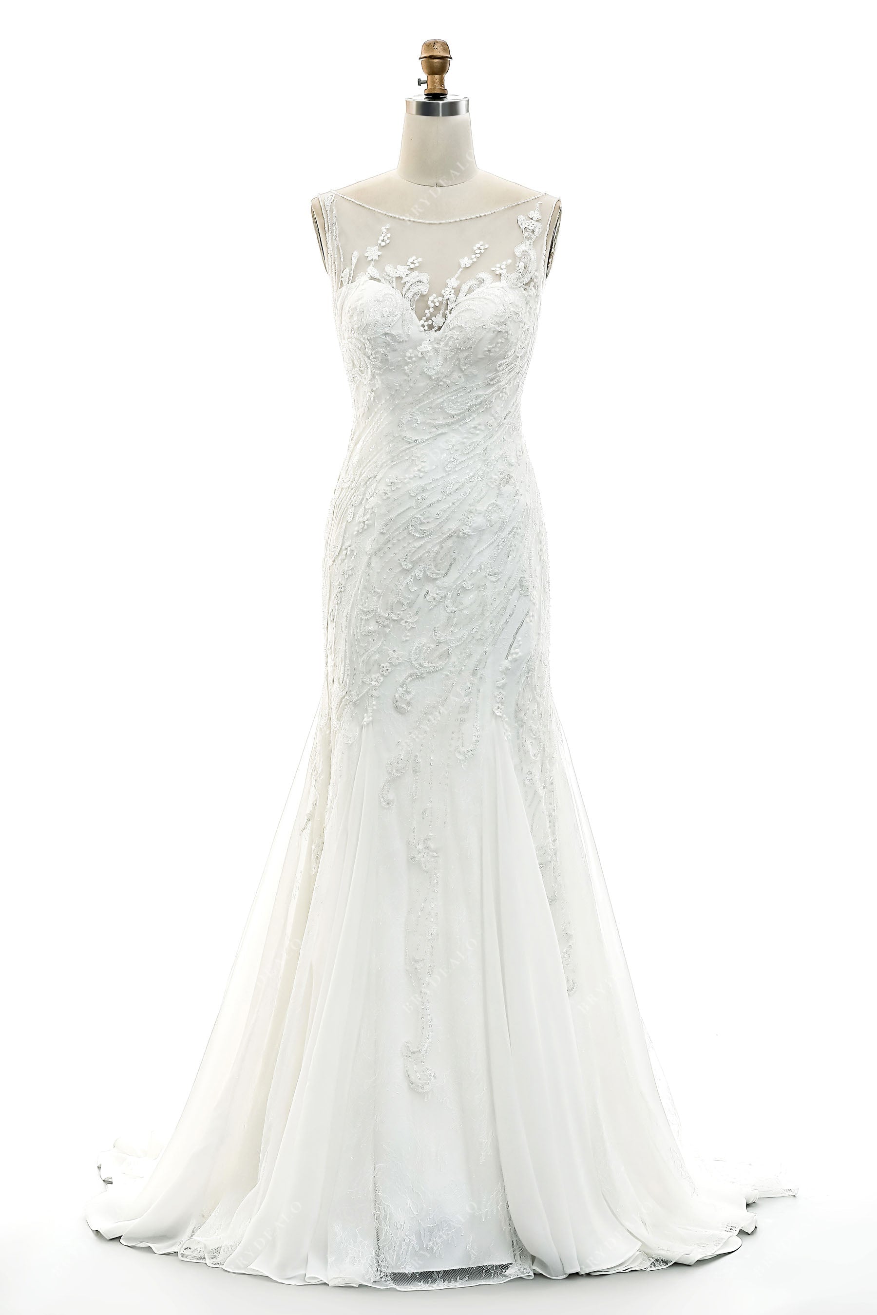 Illusion Neck Lace Chiffon Mermaid Spring Bridal Gown