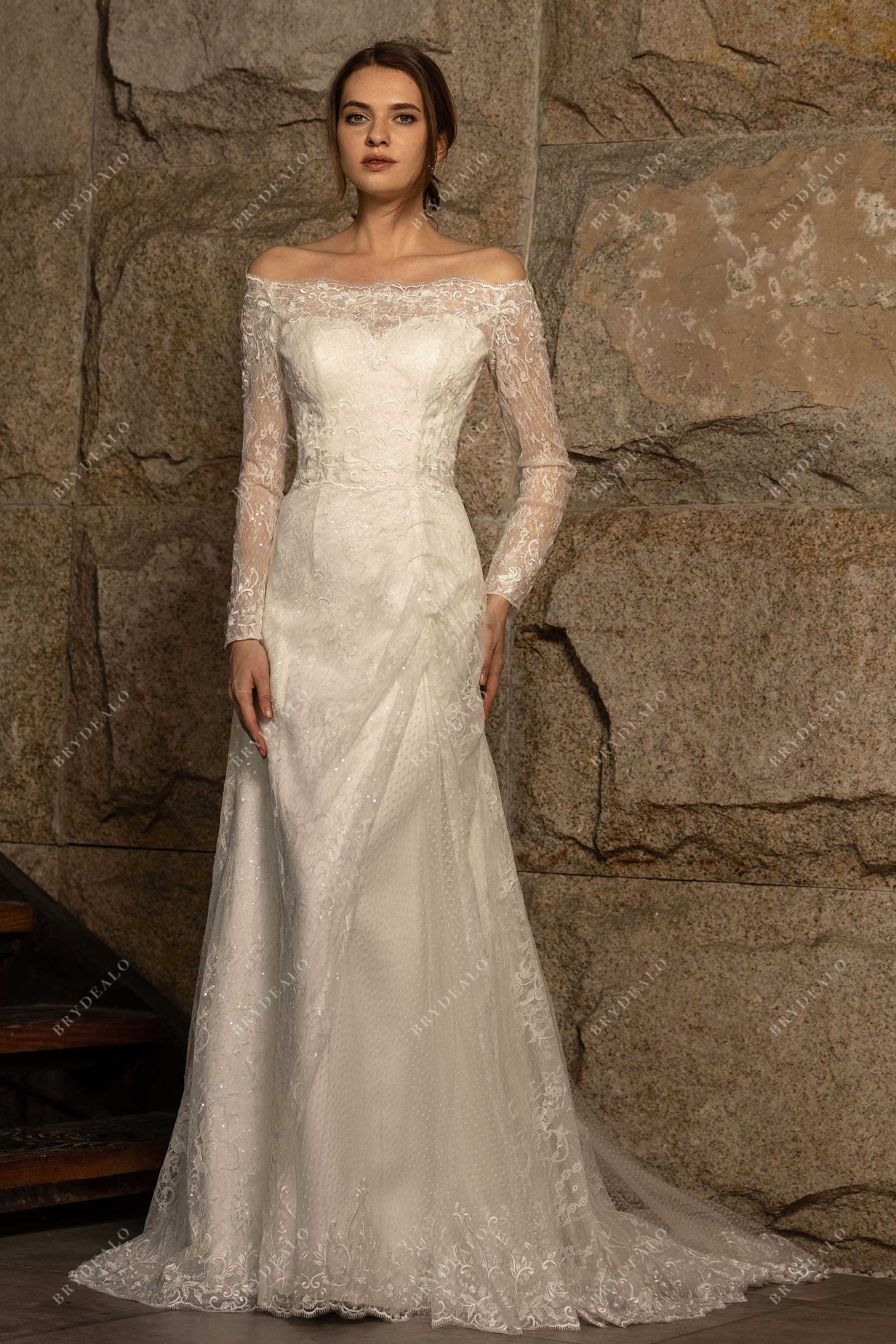 Off Shoulder Sheer Sleeve Designer Lace Mermaid Elegant Wedding Dress Off Shoulder Sheer Sleeve Designer Lace Mermaid Elegant Wedding Dress