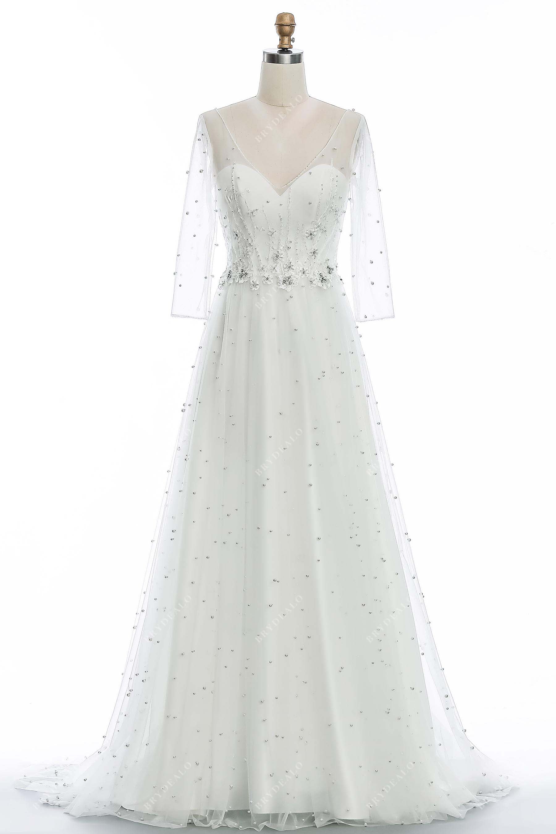 Illusion 3/4 Sleeve Elegant Allover Pearls Lace Wedding Dress Illusion 3/4 Sleeve Elegant Allover Pearls Lace Wedding Dress
