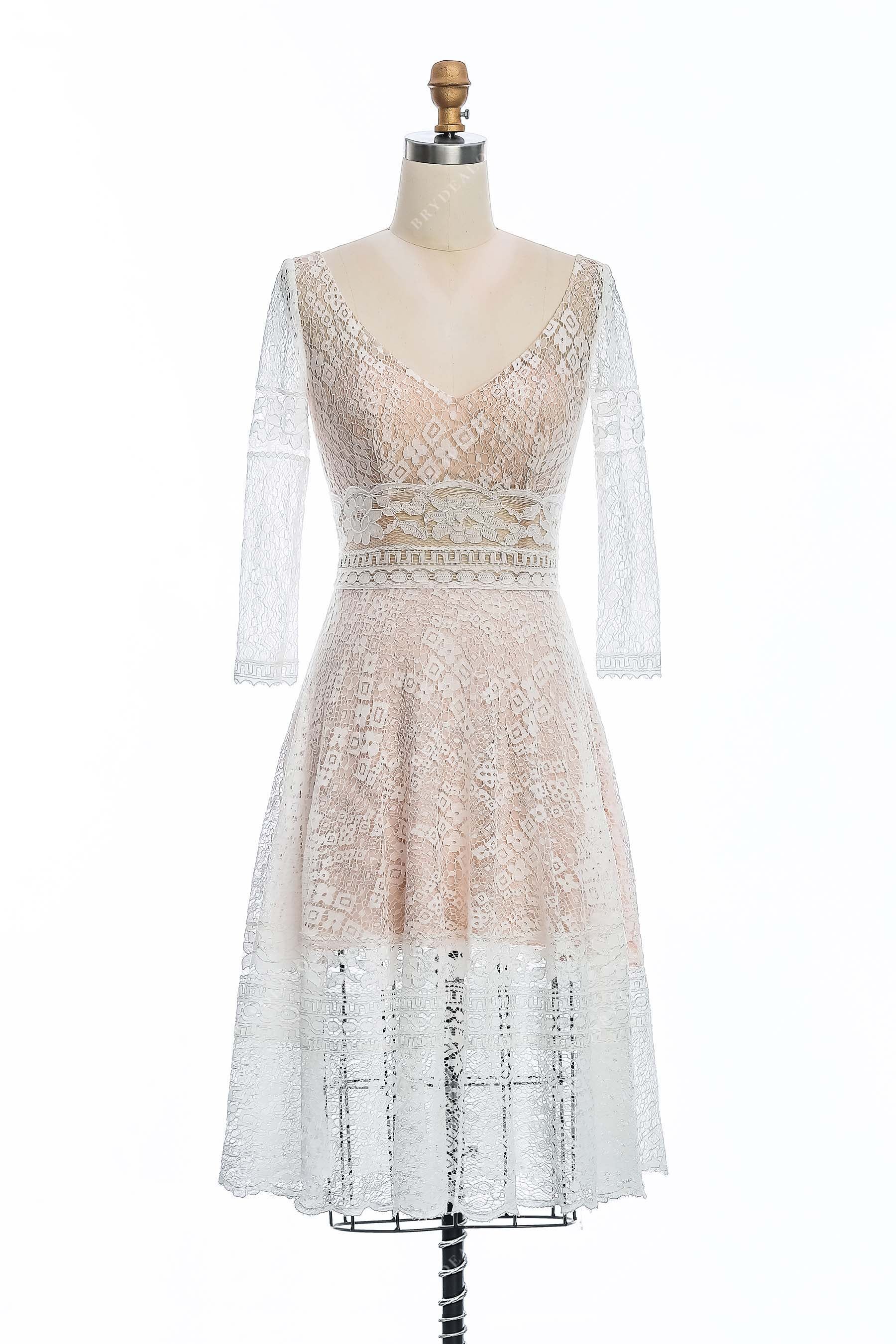 Sheer Sleeve Short Boho Lace Pearl Pink V-Neck City Nude Wedding Dress, White Sheer Sleeve Short Boho Lace Pearl Pink V-Neck City Nude Wedding Dress, White