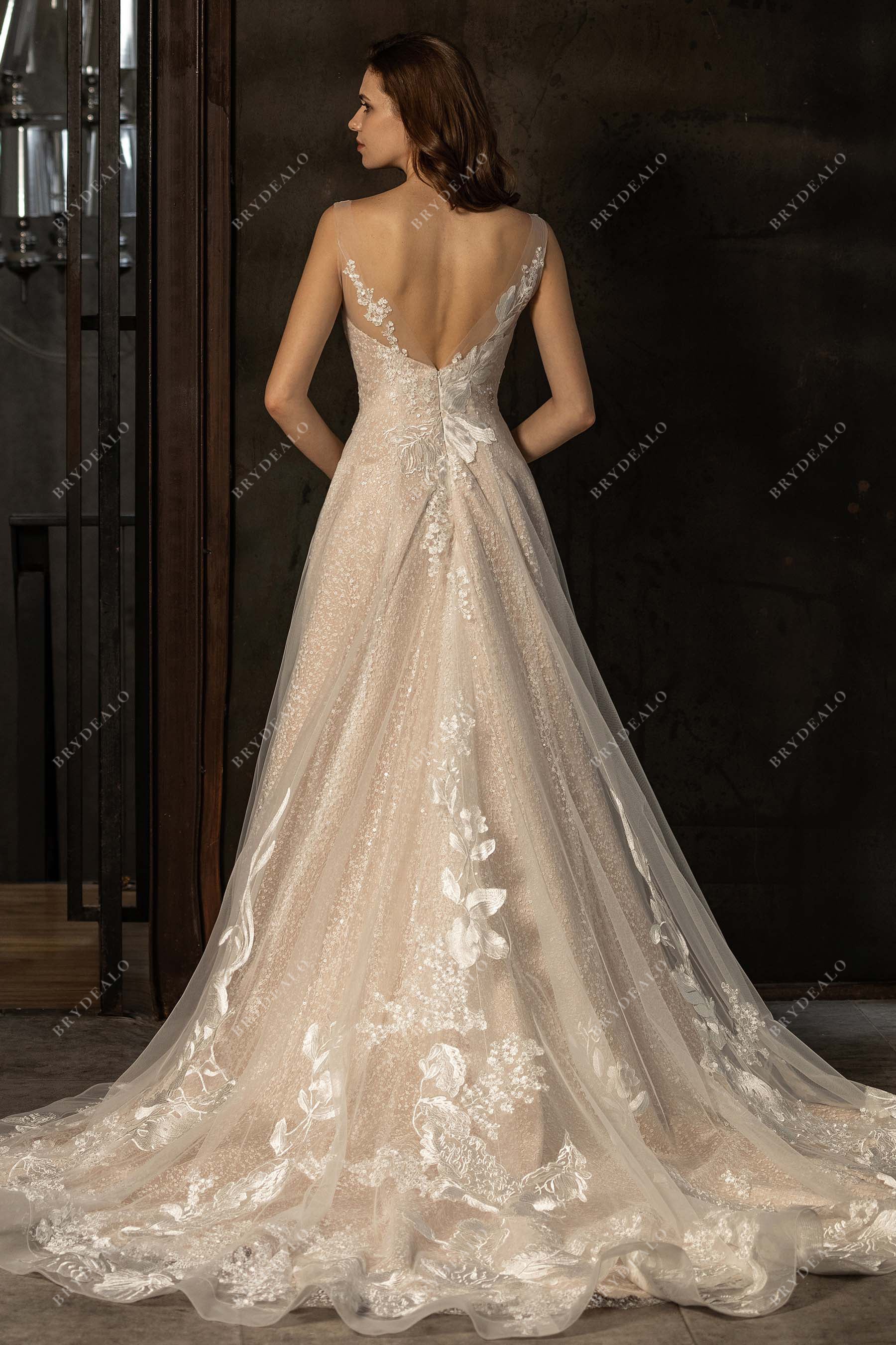 illusion V-back nude pink destination wedding gown