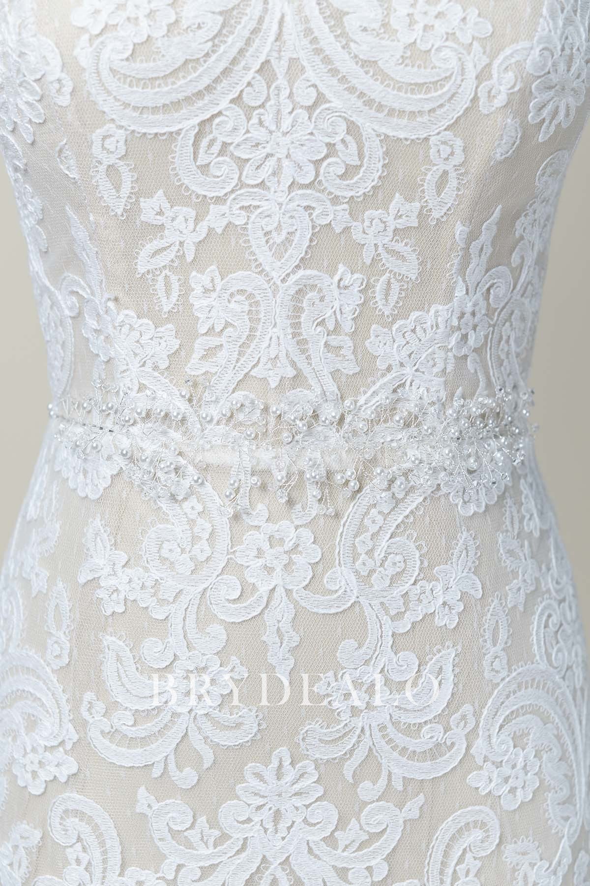 Vintage Ivory Crystal Pearl Bridal Sash with Satin Ribbon