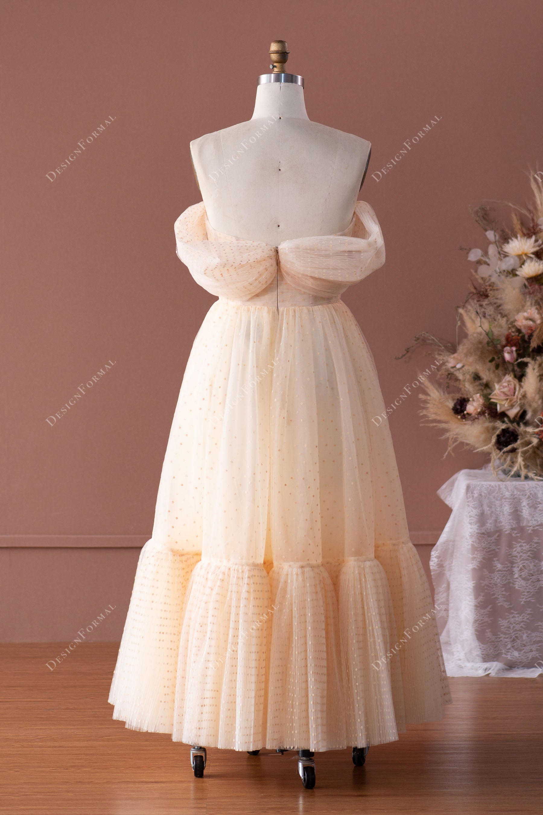 champagne dot lace off shoulder tea length formal dress