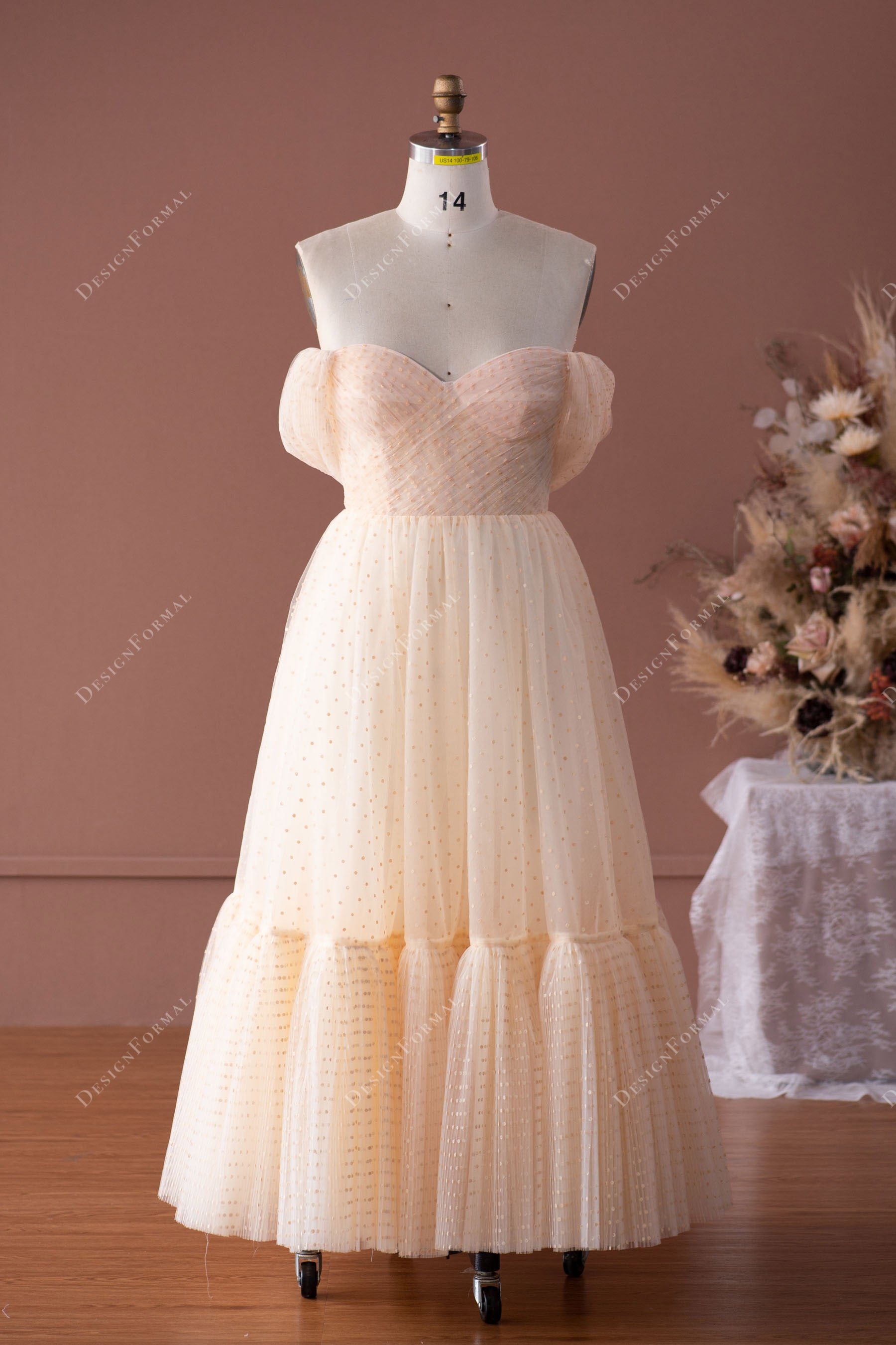 champagne dot lace tea length formal dress