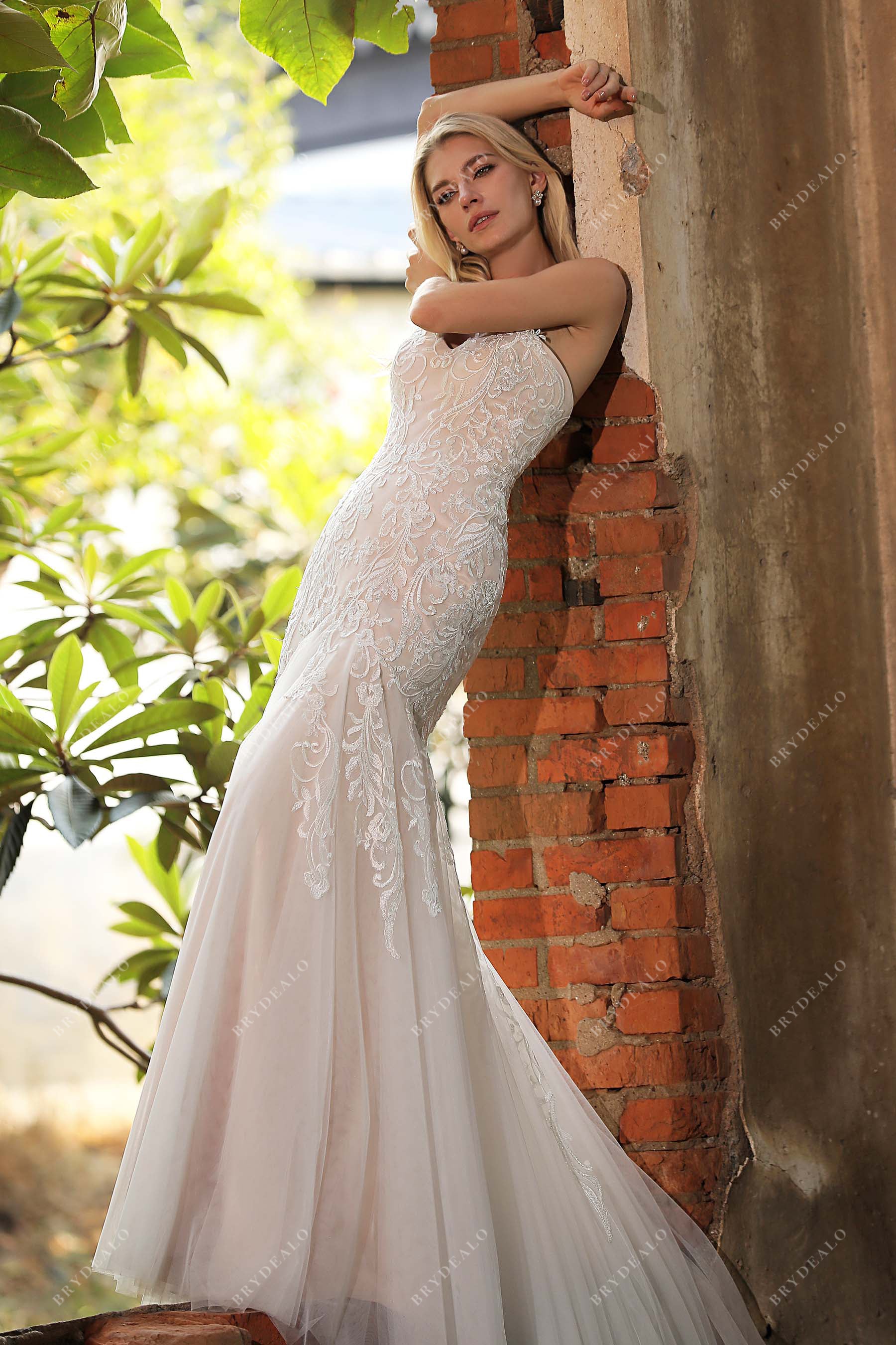 Strapless Sweetheart Lace Tulle Mermaid Nude Destination Wedding Gown, Nude Pink Strapless Sweetheart Lace Tulle Mermaid Nude Destination Wedding Gown, Nude Pink