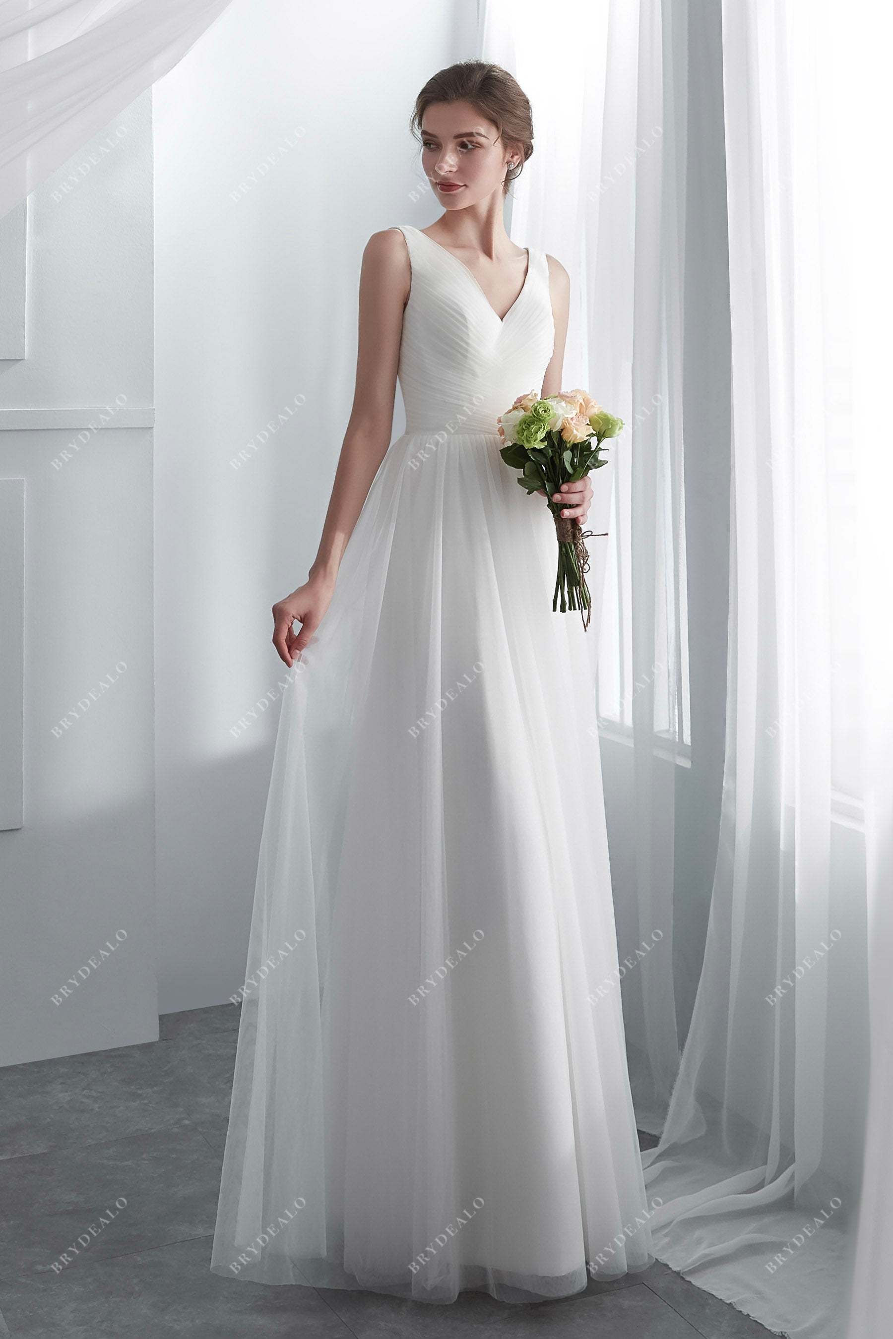 Pleated Tulle V-neck Summer Floor Length Wedding Gown