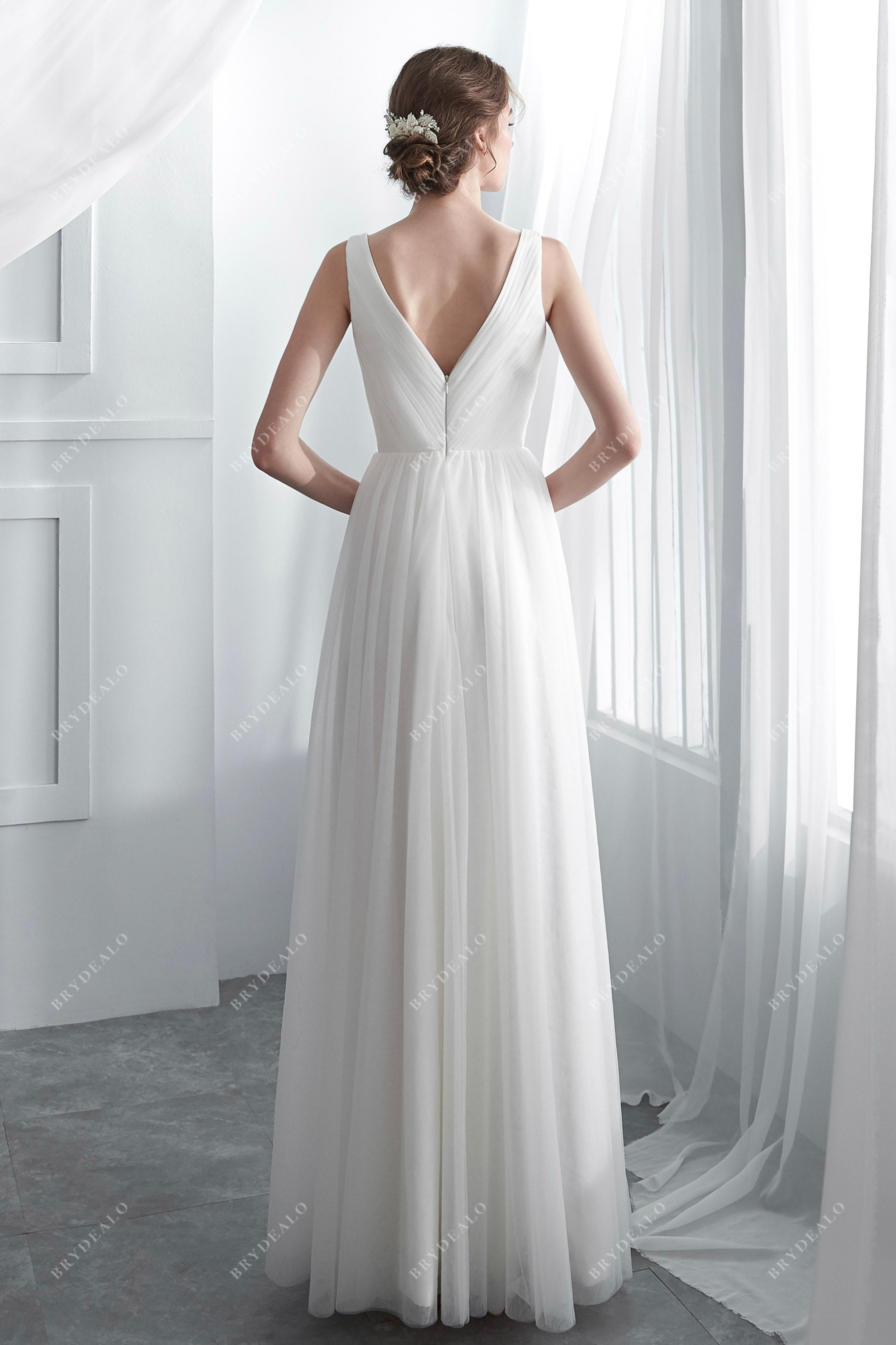 V-back Pleated A-line Beach Wedding Gown