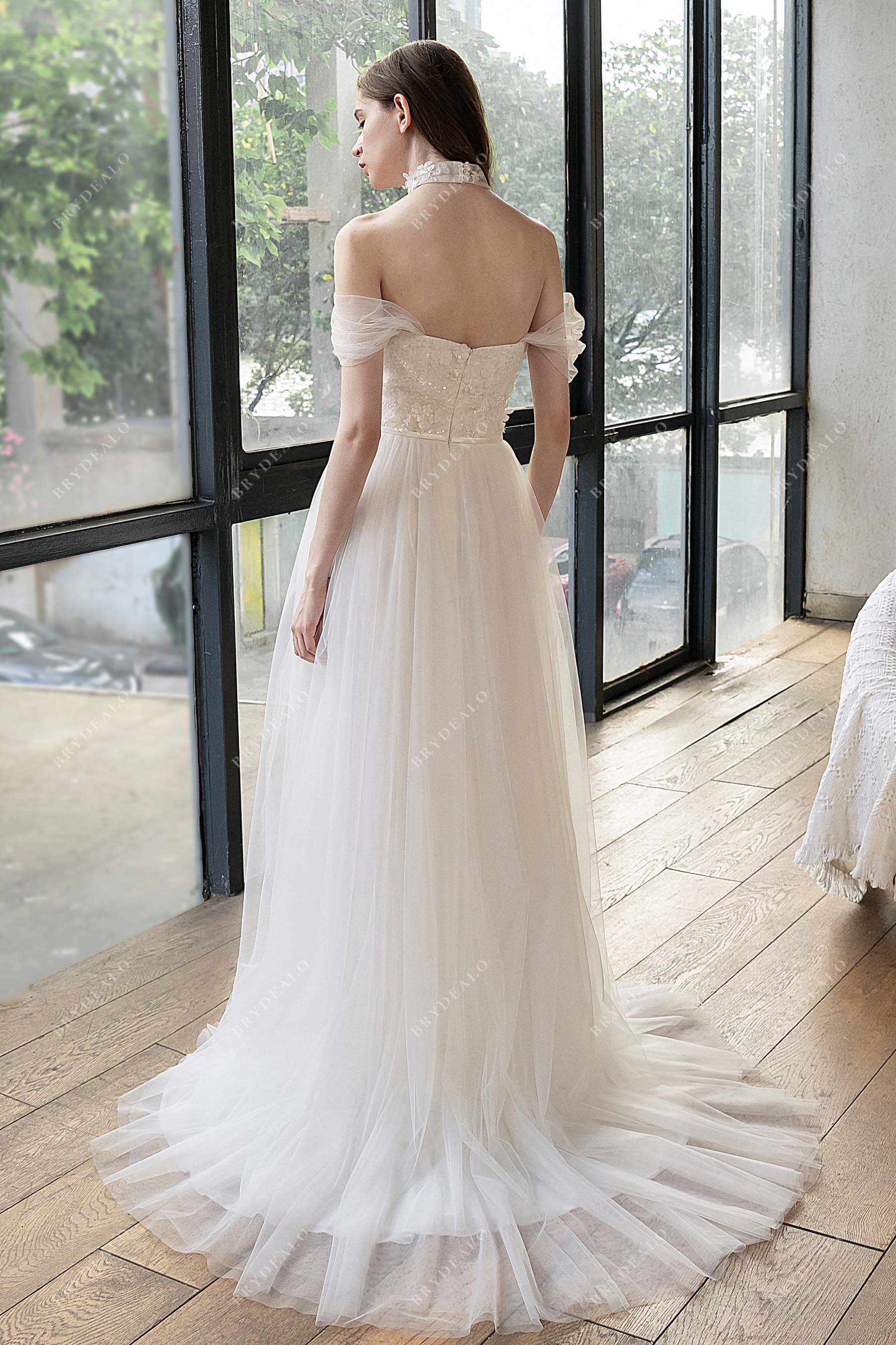 Beach Tulle Lace Choker Neck Wedding Dress