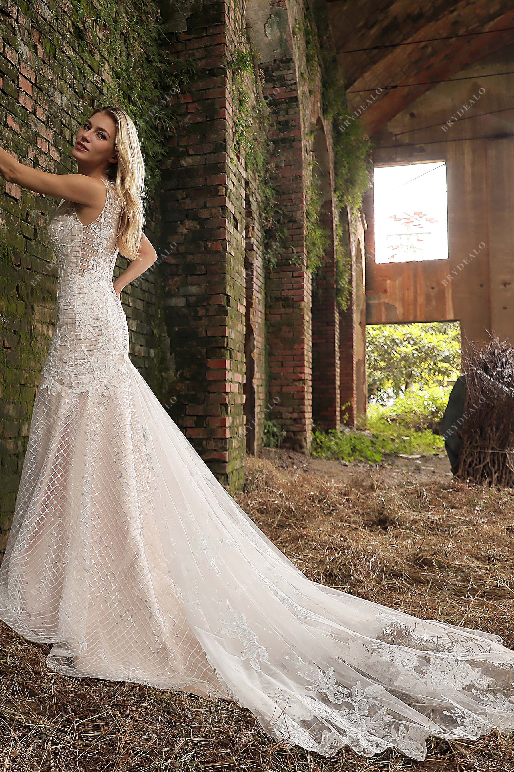 Long Train Mermaid Sequined Destination Wedding Gown