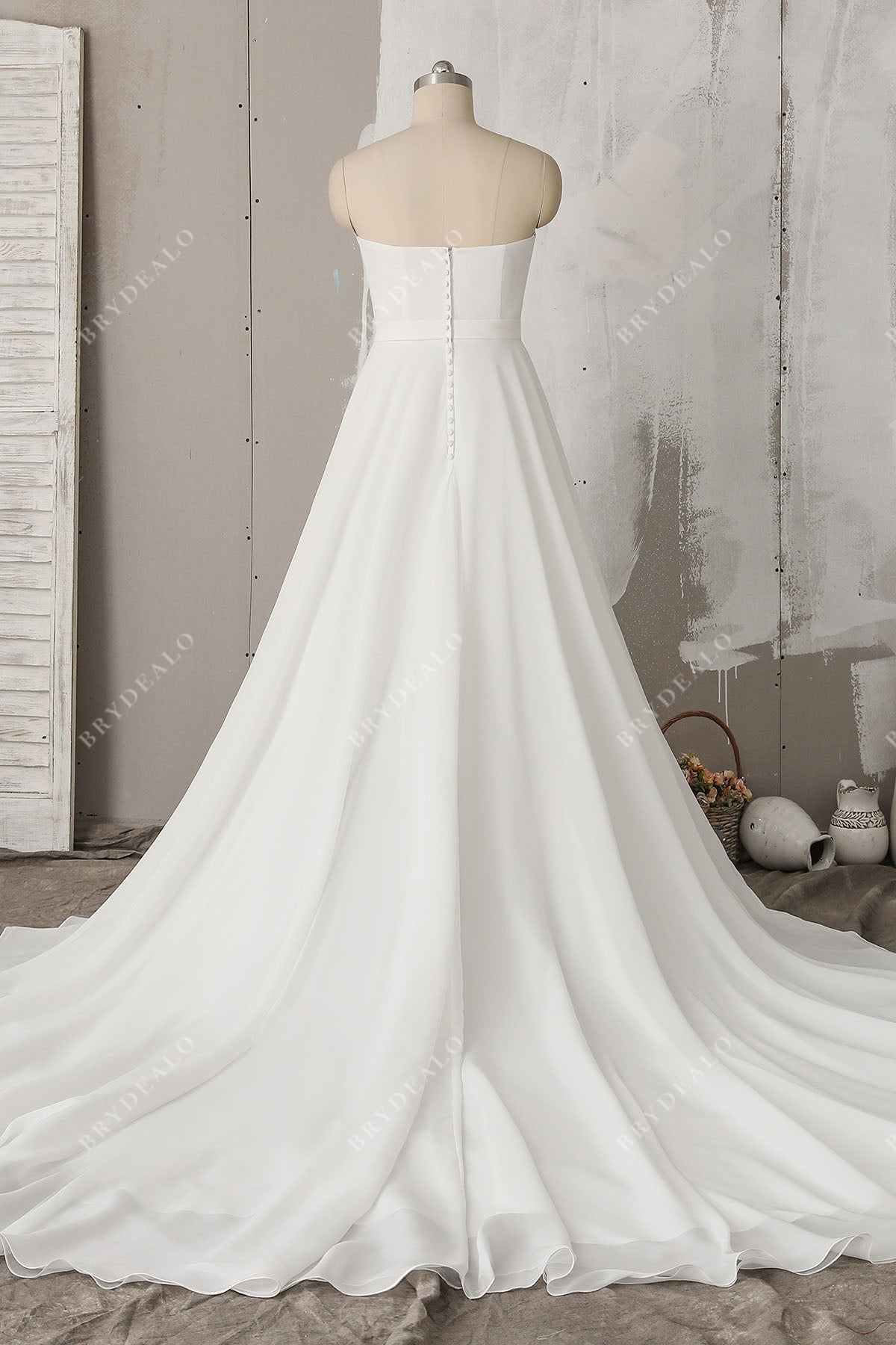 long train chiffon strapless spring wedding gown