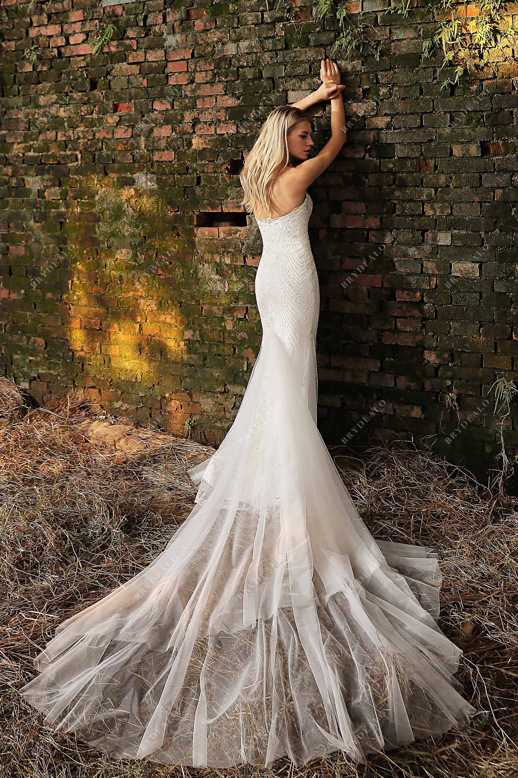 Long Train Mermaid Open Back Strapless Destination Wedding Dress