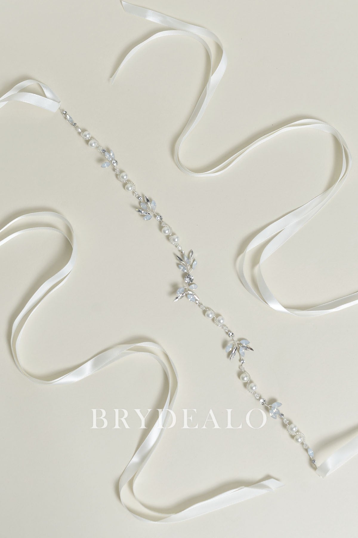 Lustrous Ivory Satin Bridal Sash Silver Dusty Blue Rhinestones