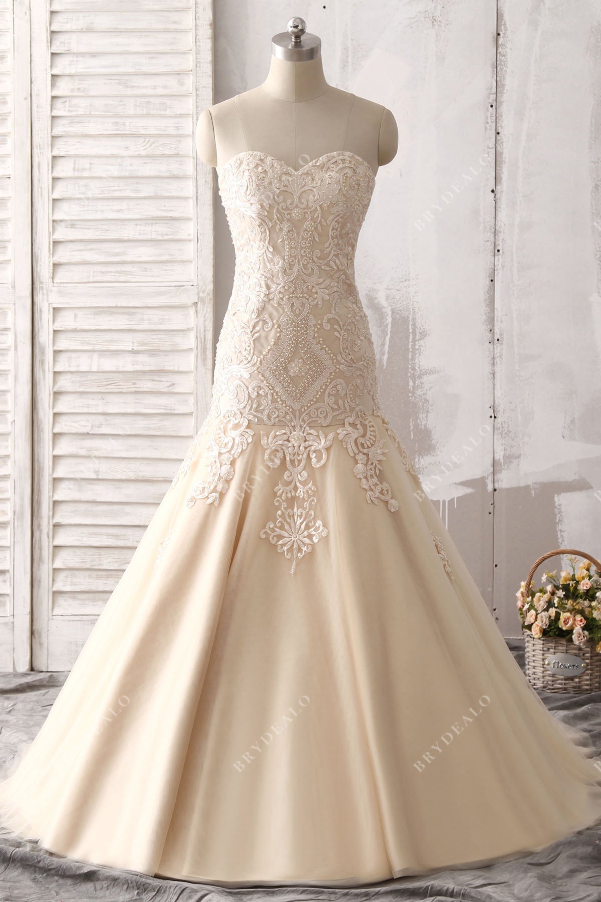 Luxury Beaded Champagne Strapless Trumpet Fall Wedding Dress, Champagne