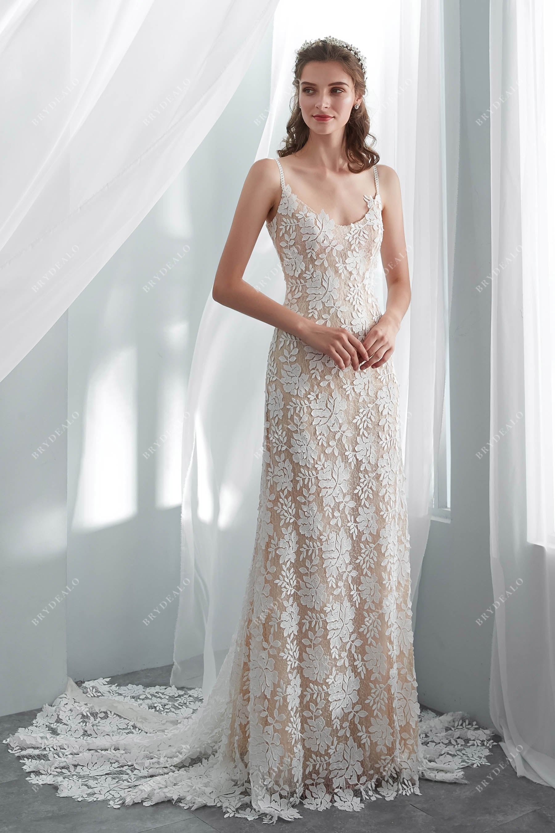 Designer Champagne Lace Scoop Neck Boho Wedding Dress, Light Ivory Designer Champagne Lace Scoop Neck Boho Wedding Dress, Light Ivory